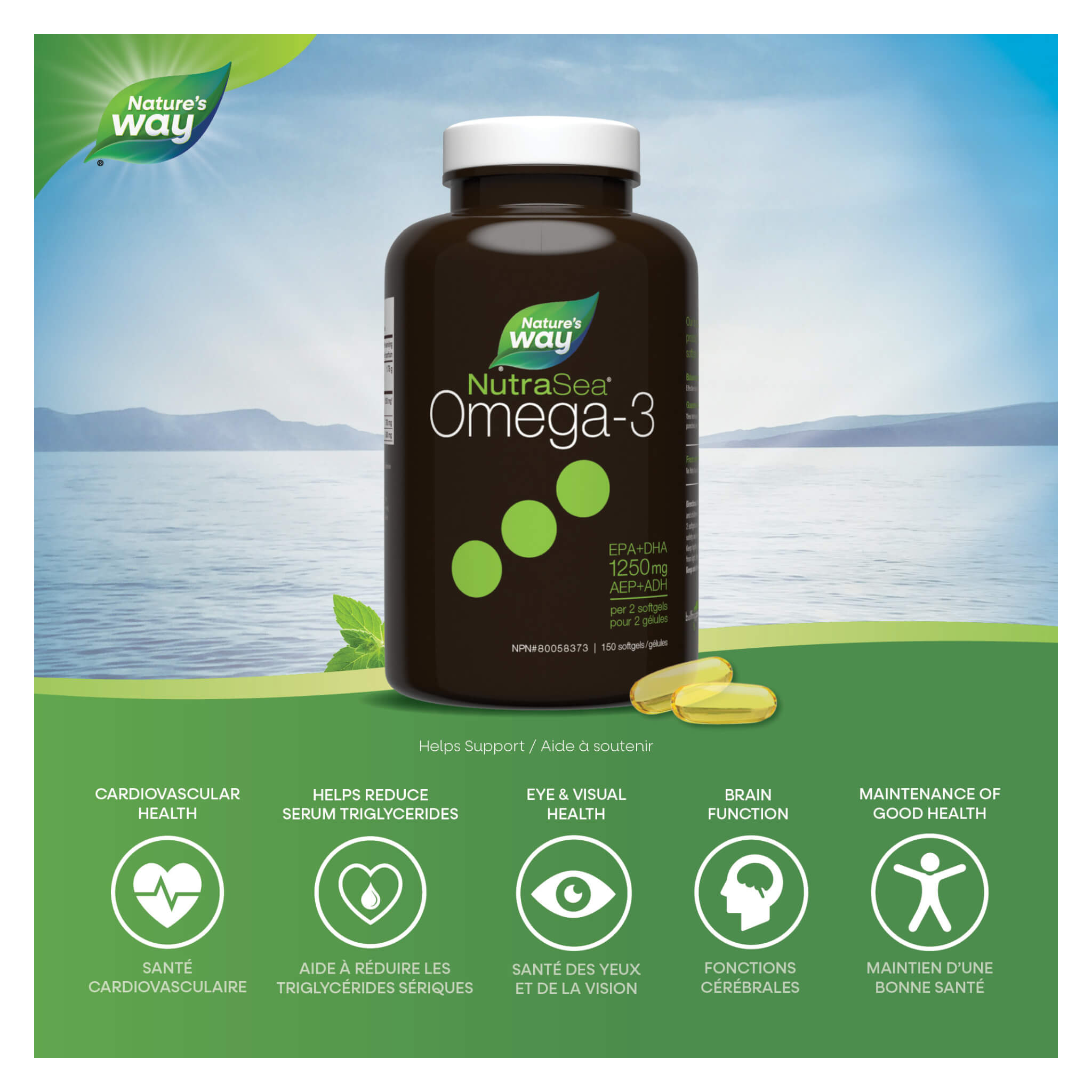 NutraSea Omega-3 Liquid Gels with Fresh Mint Flavor - High Potency Fish Oil Supplement for Heart, Brain & Joint Health - Supports Cognitive Function & Cardiovascular Wellness - Perfect for Daily Use at Home, Work or Travel