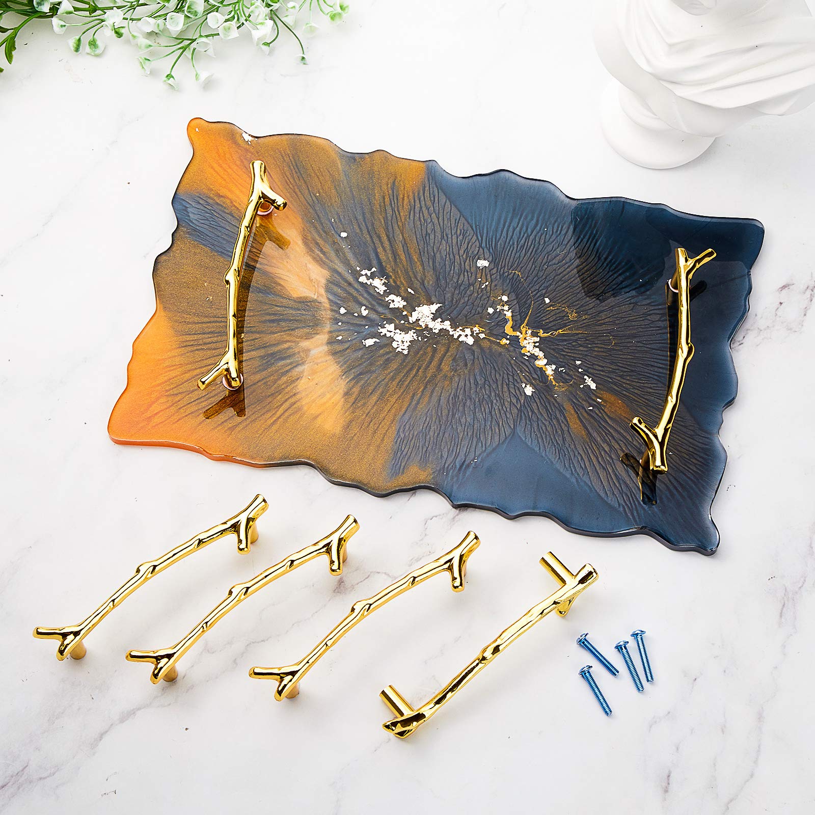 6 Pack Stainless Steel Tray Handles for Resin & Silicone Serving Trays - Branches Shaped with Screw Sets, 4.8 Inch (Gold) | Perfect for DIY Crafting, Home Decor, and Party Serving