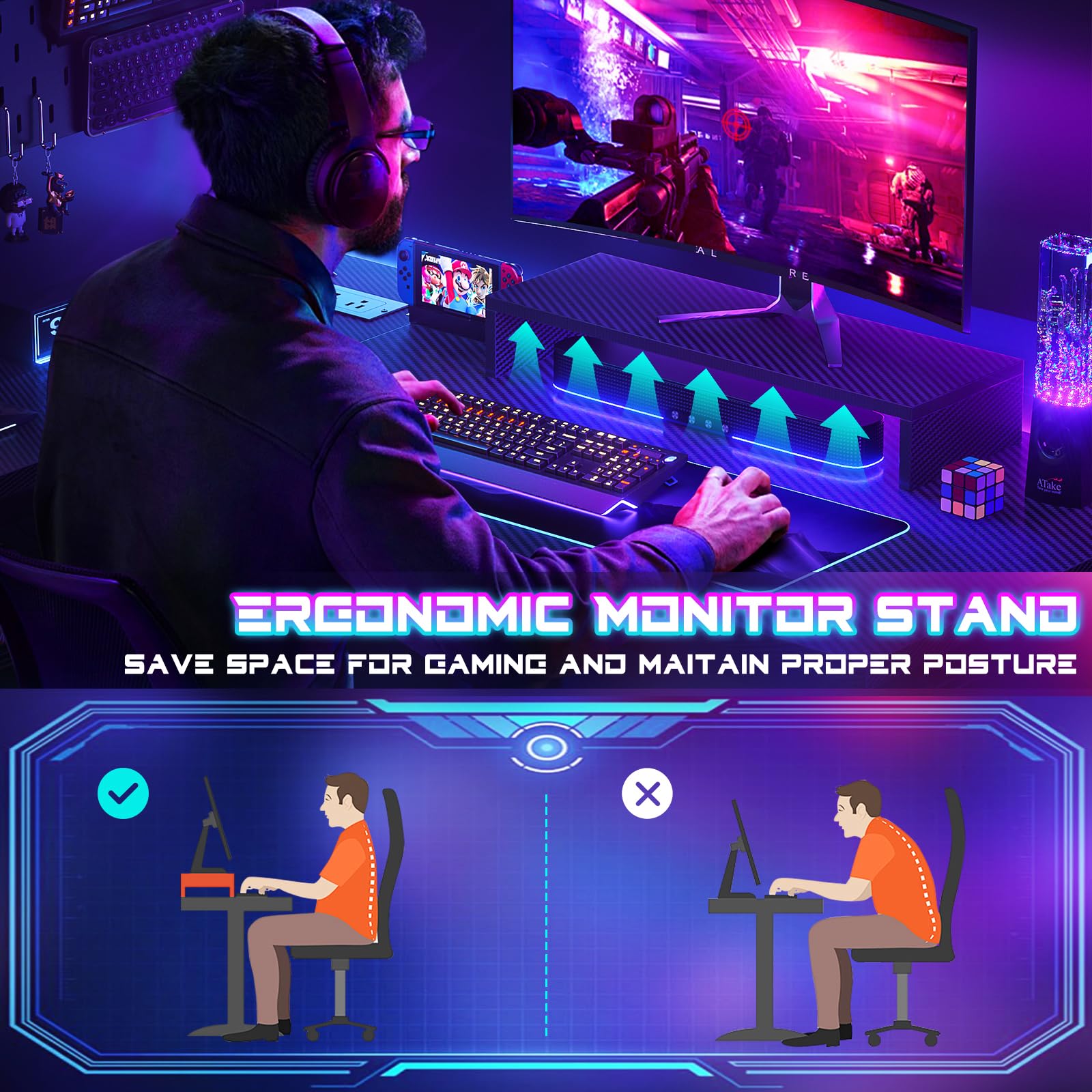 Homieasy 43 Inch L-Shaped Gaming Desk with Power Outlets, LED Light & Pegboard - Carbon Fiber Black Computer Corner Desk with Monitor Stand, Storage Shelves & Headset Hooks - Perfect for Small Spaces, Home Office & Gaming Setup