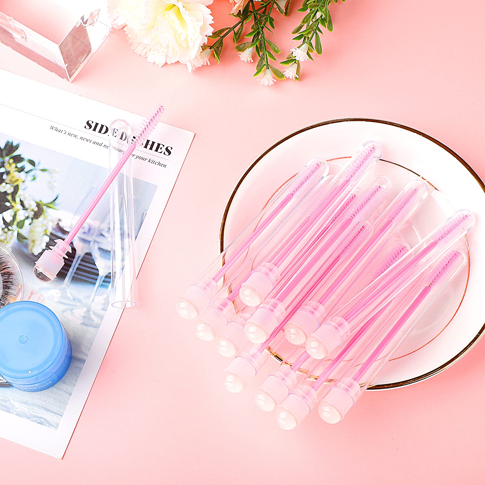 50PCS Eyelash Brushes - Professional Lash Wands for Makeup & Eyelash Extensions - Soft Bristle Cleaning Brushes with Diamond Handle (Sky Pink) - Perfect for Salon, Home Use & Travel Makeup Kit
