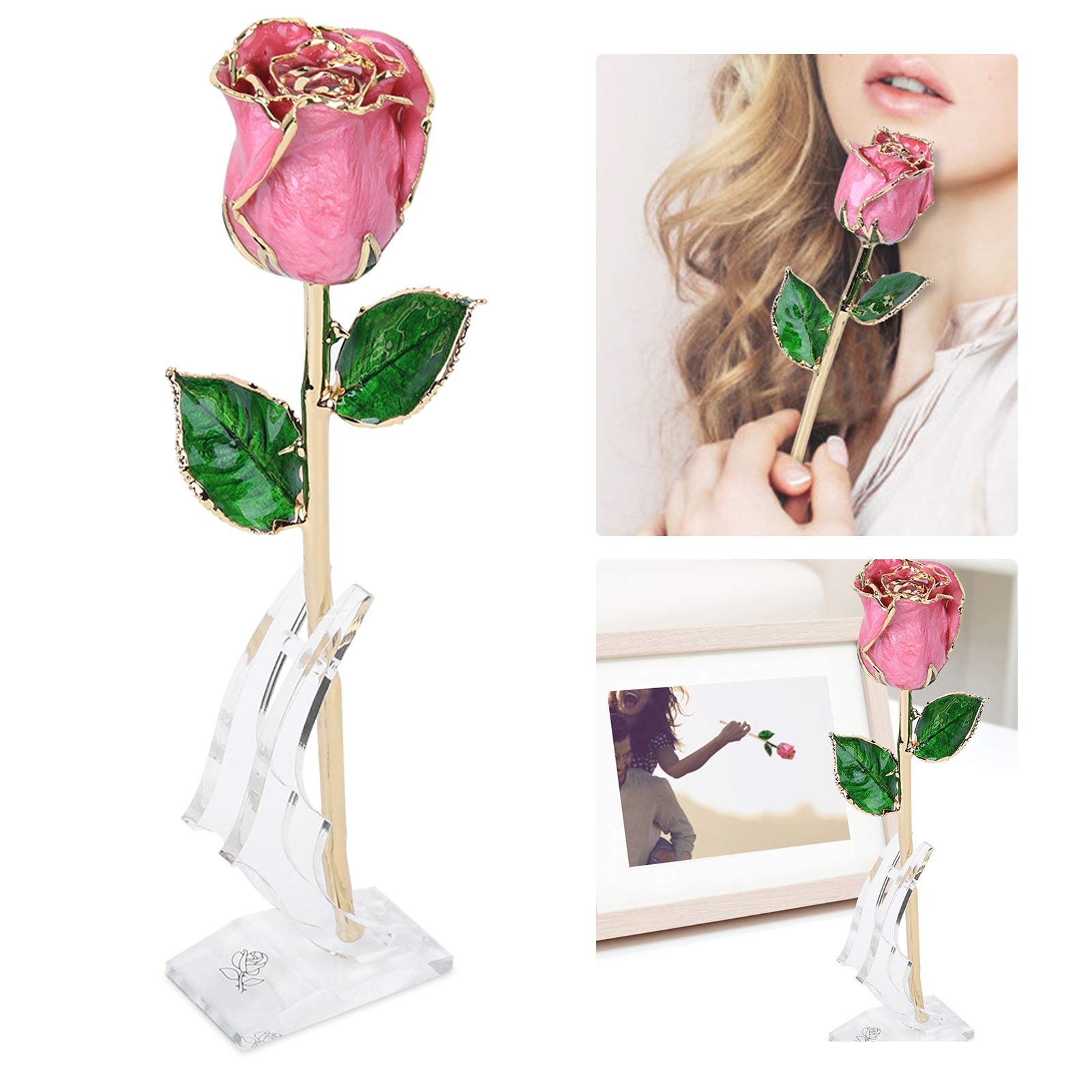 24K Gold-Plated Preserved Rose Flower Gift - Handmade Artificial Rose with Green Leaf & Base - Perfect for Wedding Decor, Mother's Day, Anniversary & Romantic Occasions