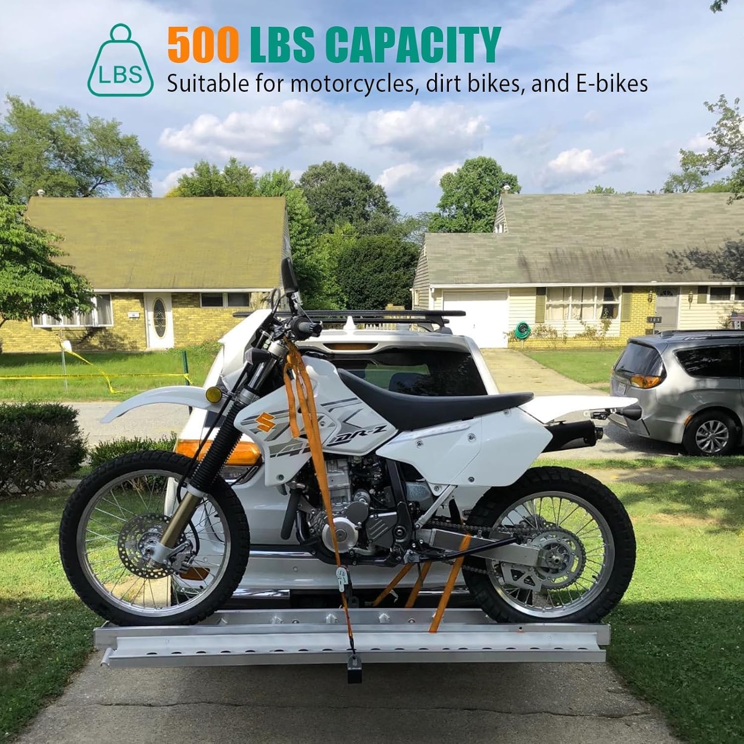 Heavy Duty 500LBS Motorcycle Hitch Carrier - Lightweight Aluminum Dirt Bike Rack with 6FT Loading Ramp & Safety Lock - Fits 2