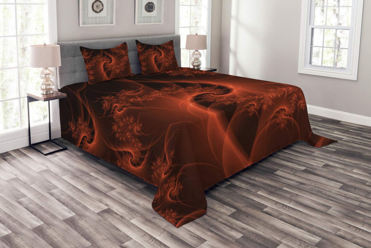Ambesonne Burnt Orange Bedspread Set - Modern Digital Fractal Design with Swirling Floral Lines, 3-Piece King Size Bedding (Coverlet + 2 Pillow Shams) - Perfect for Contemporary Bedrooms, Guest Rooms & Dorm Decor