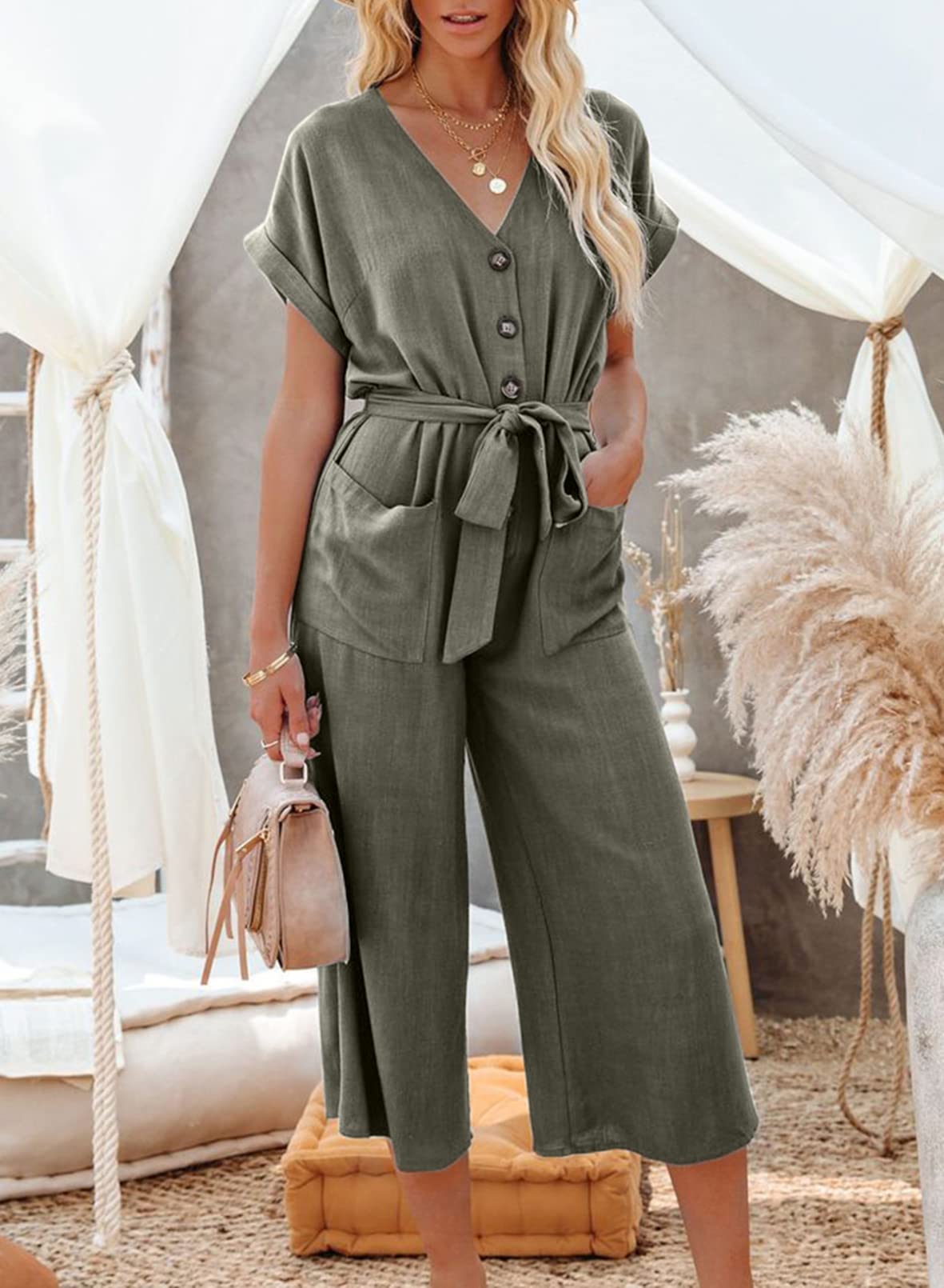 Acelitt Women's Casual V-Neck Short Sleeve Button Belted Wide Leg Jumpsuit - Summer Outfits for Beach, Vacation & Everyday Wear (Sizes S-XXL)