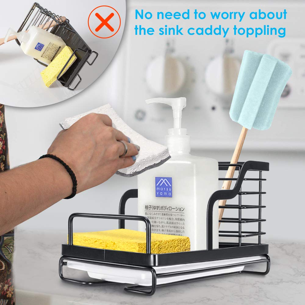 Stainless Steel Sink Caddy Organizer with Removable Drain Tray - Kitchen Sponge, Brush & Soap Holder - Black Countertop Sink Organizer for Kitchen, Bathroom & Laundry Room