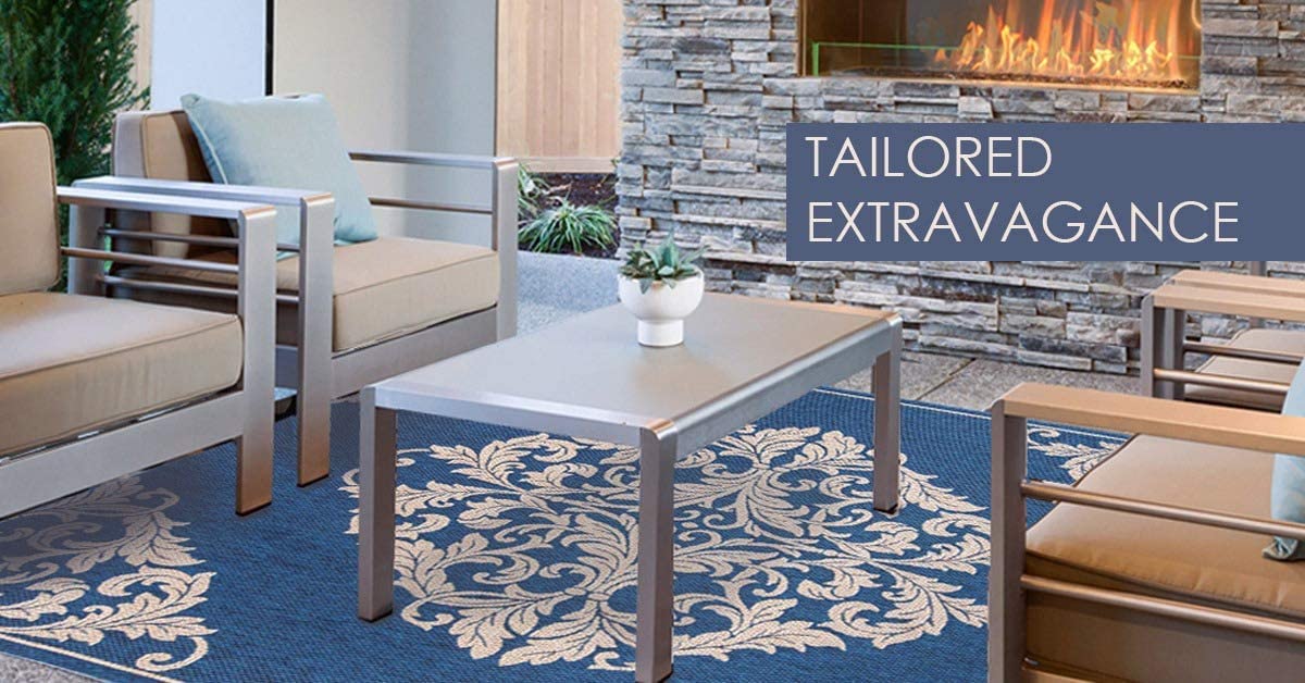 Gertmenian 48105 Premium Outdoor Patio Rug - 9x13 Extra Large Waterproof Porch Carpet in Angora Grey - Luxury Barnwell Design for Deck, Garden & Backyard Decor