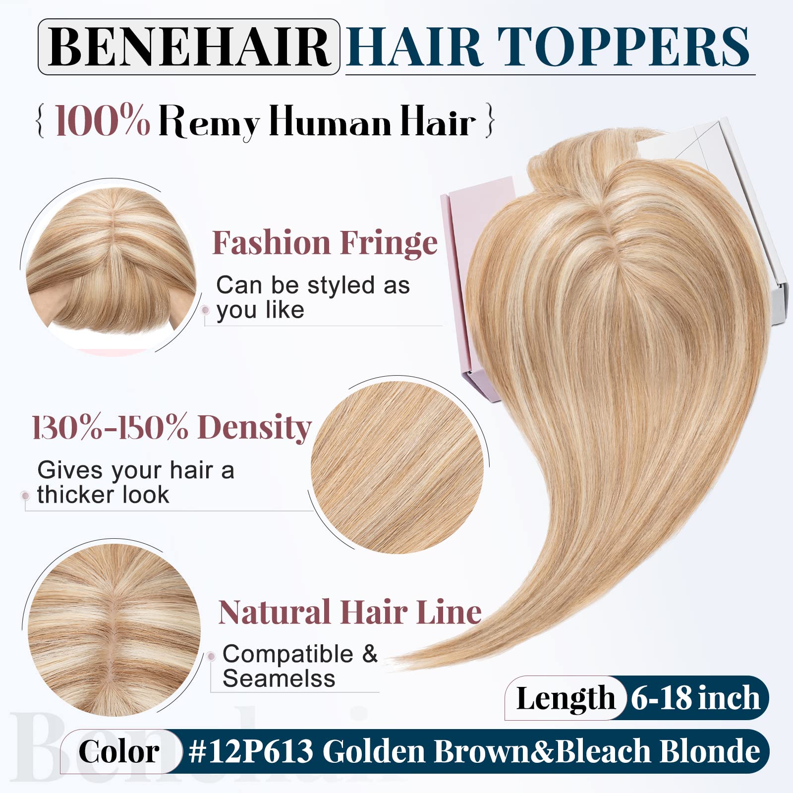 Benehair Human Hair Topper for Women - Handmade Silk Base Clip-In Hair Extension with Thin Bangs, Soft & Straight, 18 Inch 53g, #12P613 Golden Brown & Bleach Blonde - Perfect for Hair Loss, Thinning Hair, and Everyday Styling