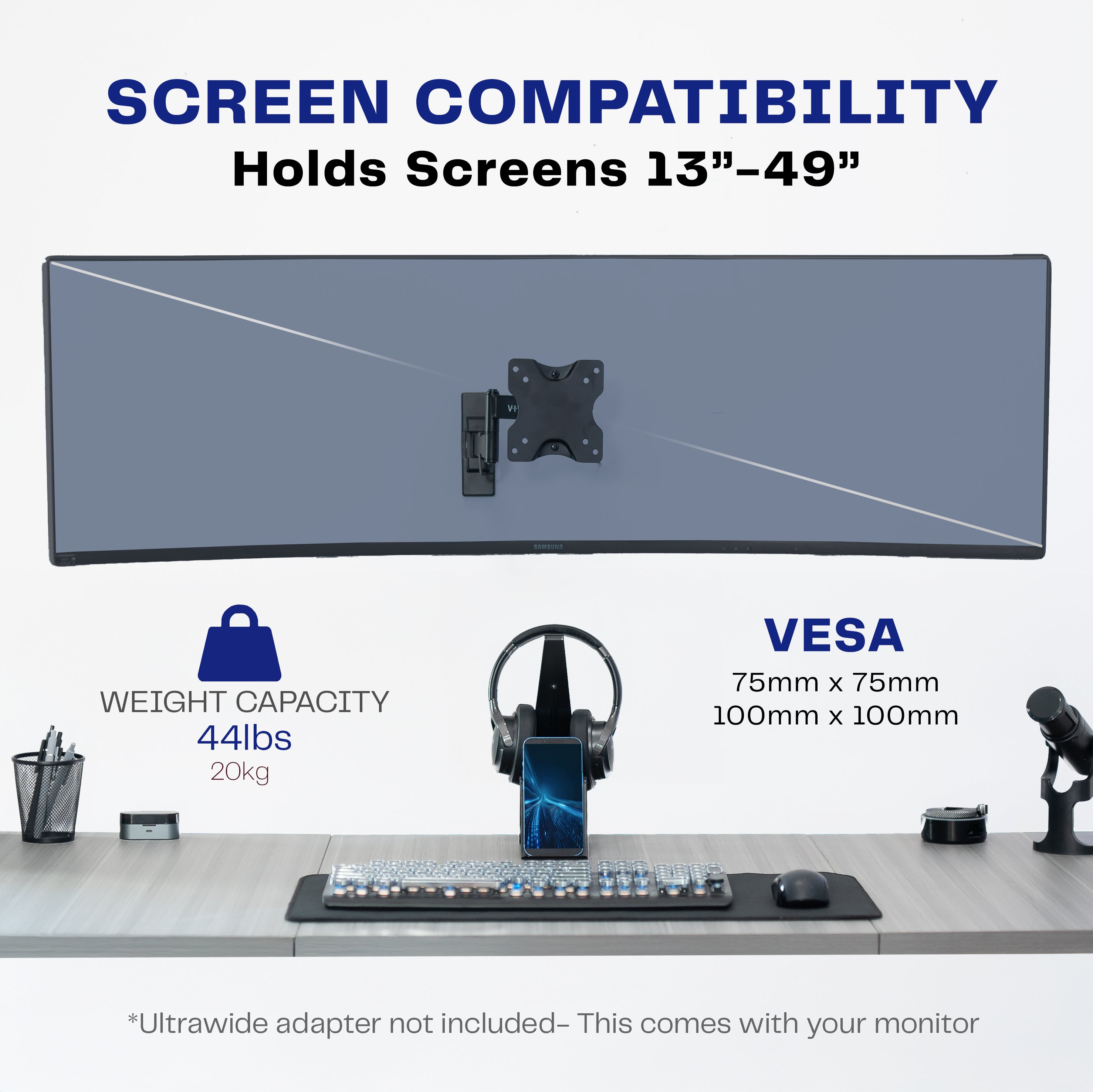Ultrawide Monitor Wall Mount Bracket for 49-Inch Screens - Heavy Duty VESA 100x100 & 200x200 - Perfect for Home Office, Gaming & Workspace Setup