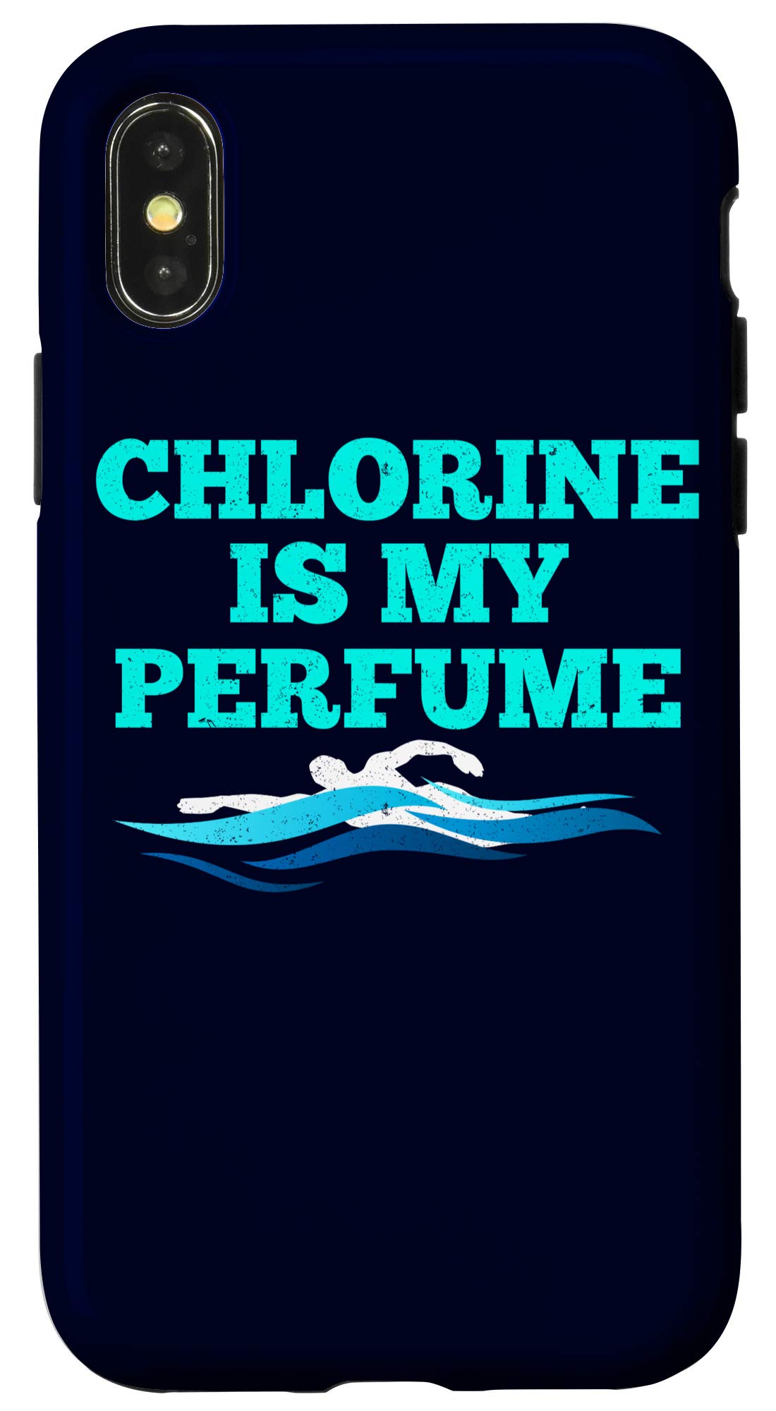 iPhone X/XS Waterproof Case - Funny Swim Gift with 'Chlorine Is My Perfume' Design - Navy Blue Protective Cover for Swimming, Beach & Pool Activities