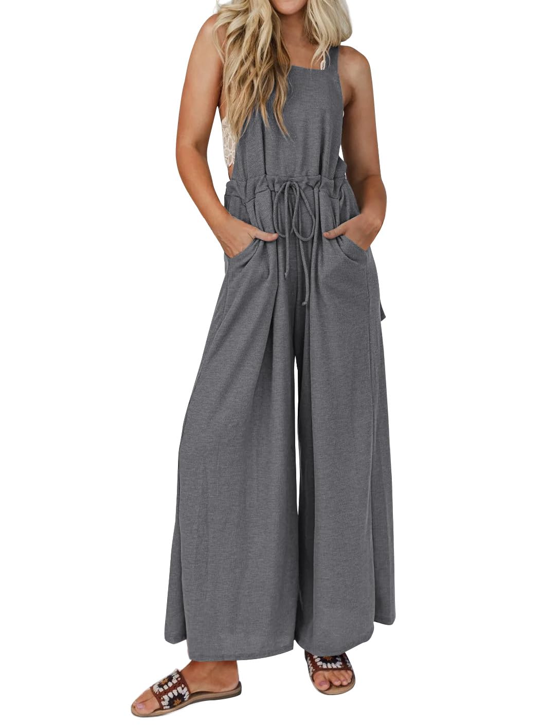 Luvamia Women's Loose Fit Waffle Knit Jumpsuit - Baggy Wide Leg Overalls Romper with Long Pants for Casual Comfort | Perfect for Everyday Wear, Weekend Outings & Relaxing at Home