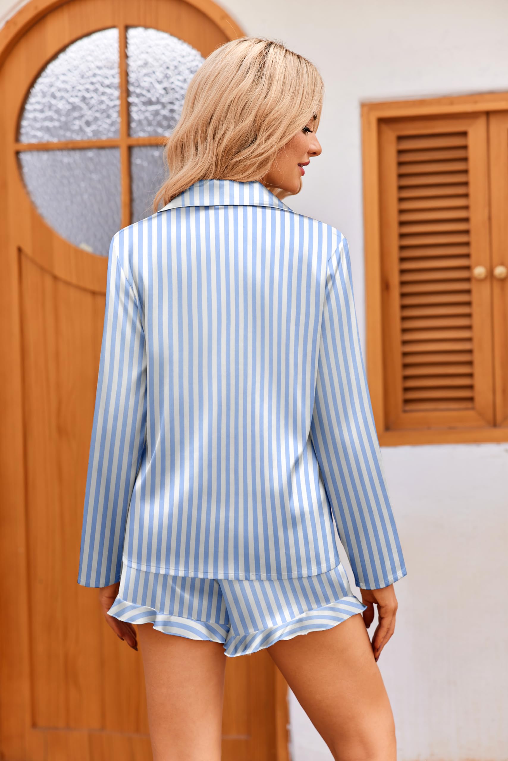 Ekouaer Women's Satin Pajama Set - Long Sleeve Button Down Top & Shorts - Soft Sleepwear for Lounge, Sleep & Relaxation at Home