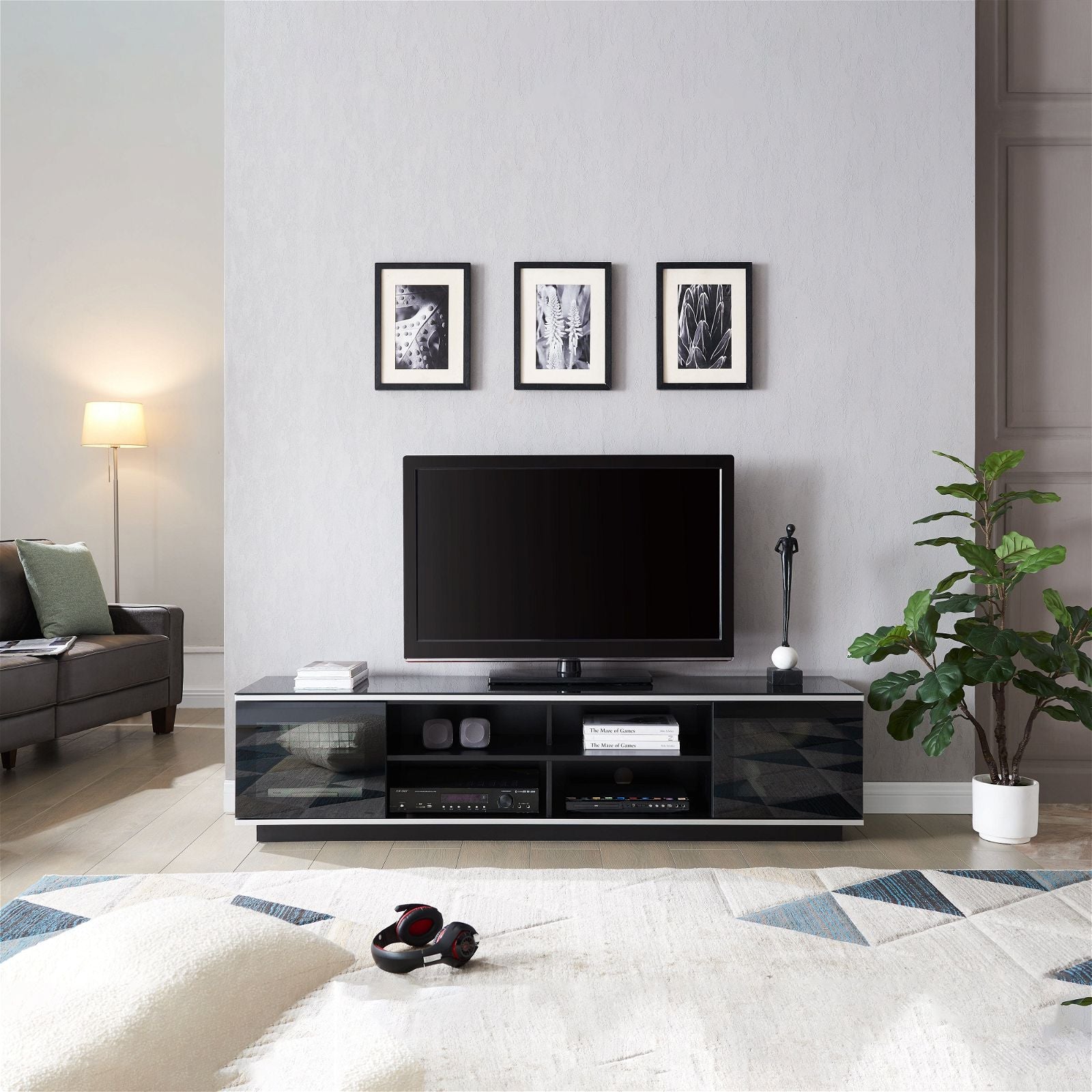 Tauris Diablo 180cm Black TV Stand with Tempered Glass - Modern Entertainment Center for Living Room, Bedroom & Home Theater