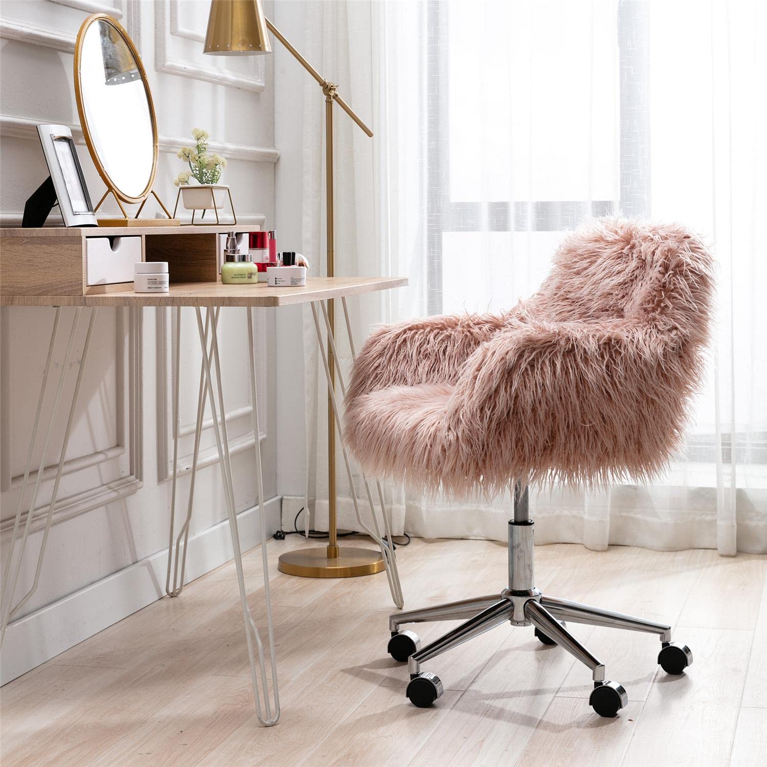 **Pink Fluffy Desk Chair for Girls - Modern Faux Fur Office Chair with Wheels, Height Adjustable Swivel Vanity Chair for Bedroom, Living Room & Makeup Station - Soft Accent Chair for Study, Gaming & Home Decor**