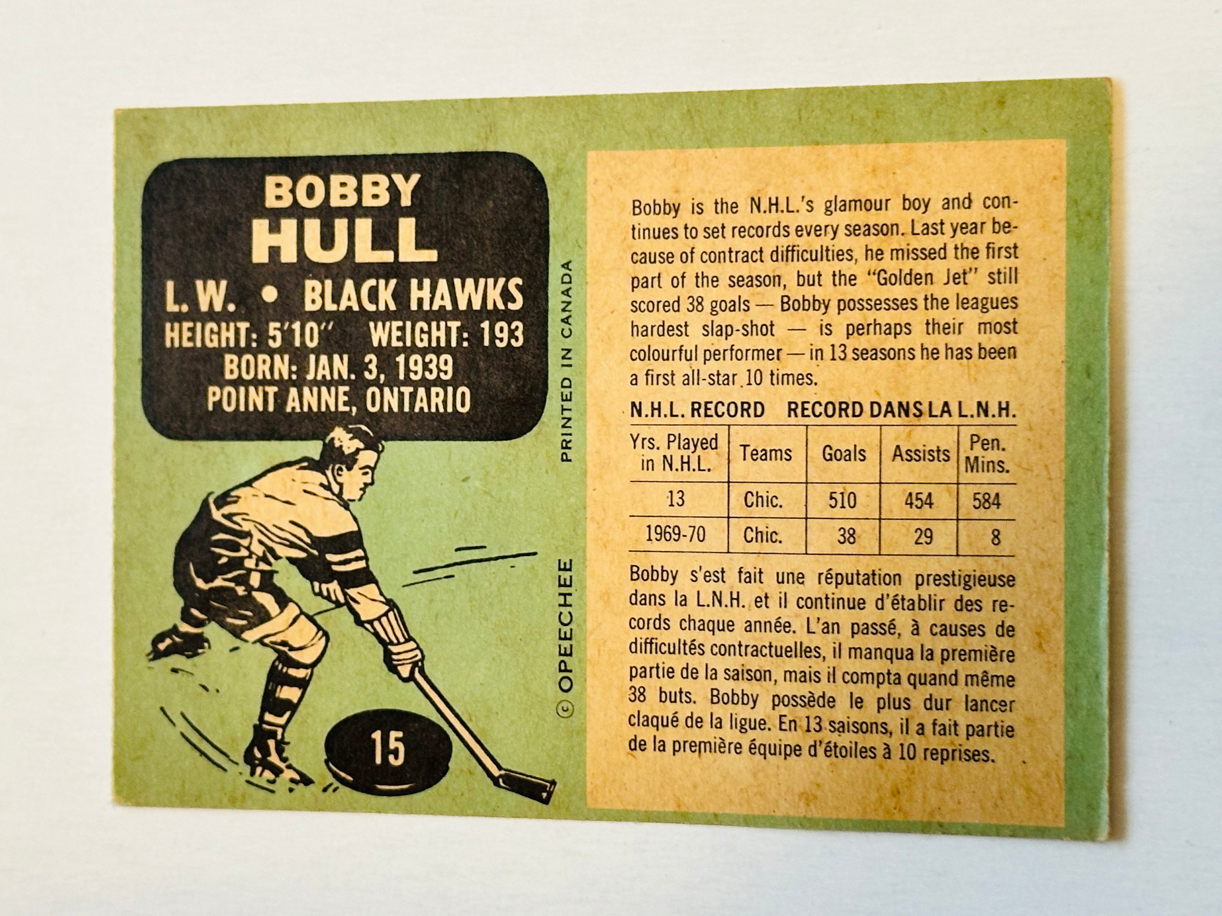 1970-71 Bobby Hull OPC Hockey Card - Excellent Condition - Vintage NHL Collectible for Fans & Memorabilia Enthusiasts