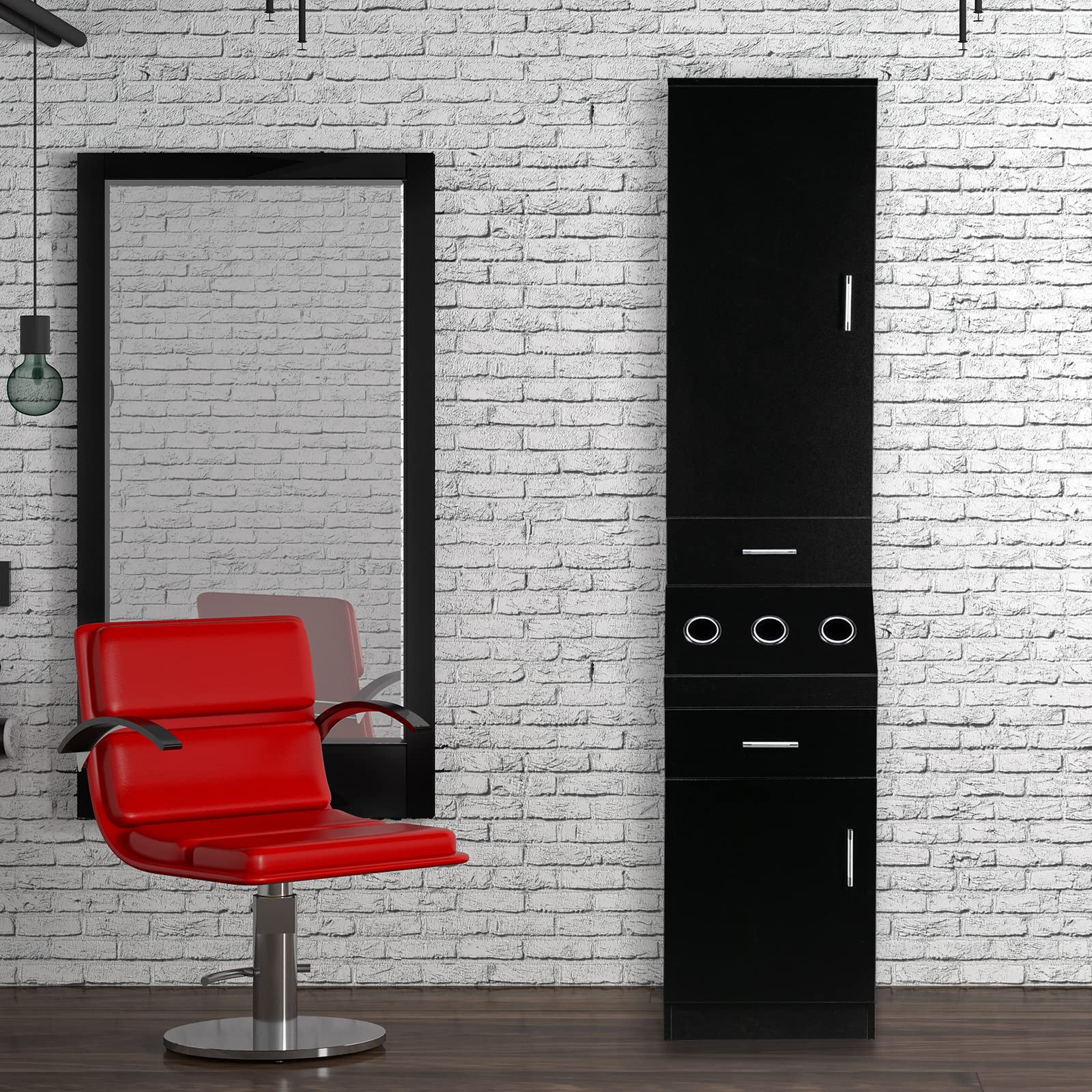 OmySalon Professional Barber Station with 2-Tier Storage Shelf, 2 Drawers, Large Cabinet & 3 Hot Tool Holders - Perfect for Salon, Barbershop & Home Hair Styling Organization - Black