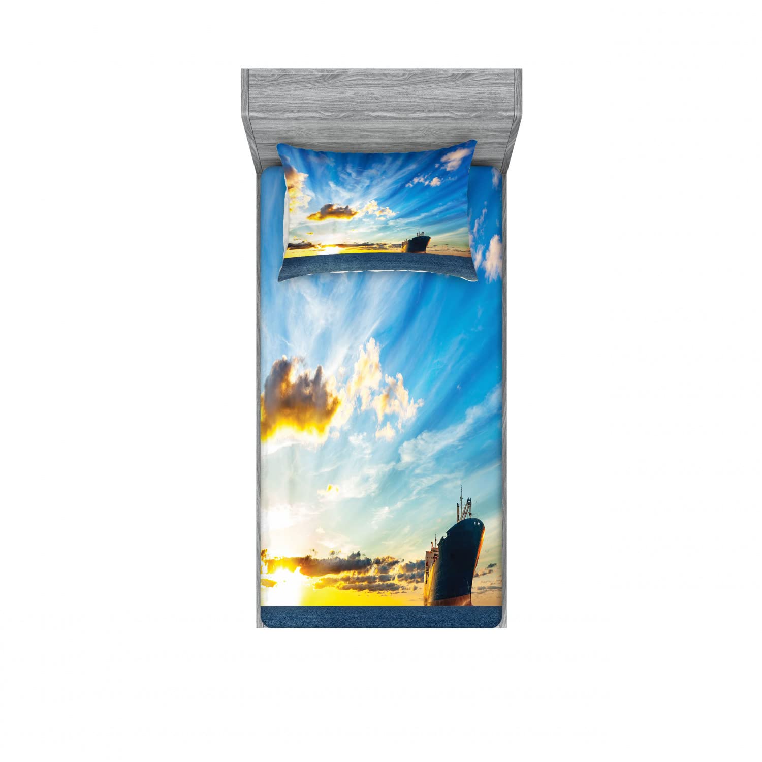 Ambesonne 2-Pack Nautical Twin XL Fitted Sheets & Pillow Sham Set - Ocean Sunset Sailboat Design, 4-Piece Blue Coastal Bedding Decor | Perfect for Beach House, Guest Room & Nautical Themed Bedrooms