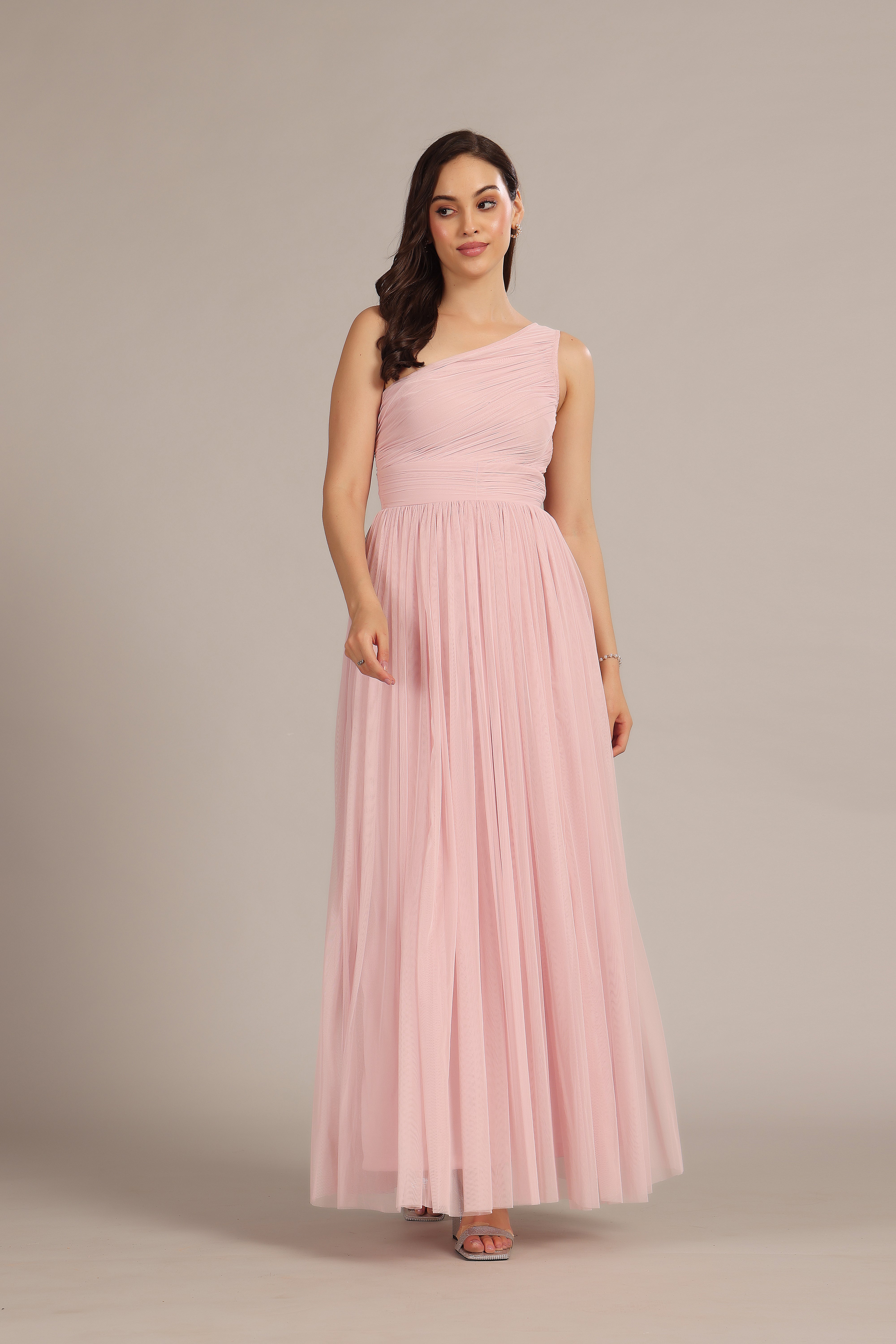Powder Pink One Shoulder Maxi Dress for Women - Elegant Long Formal Gown for Weddings, Parties & Evening Events