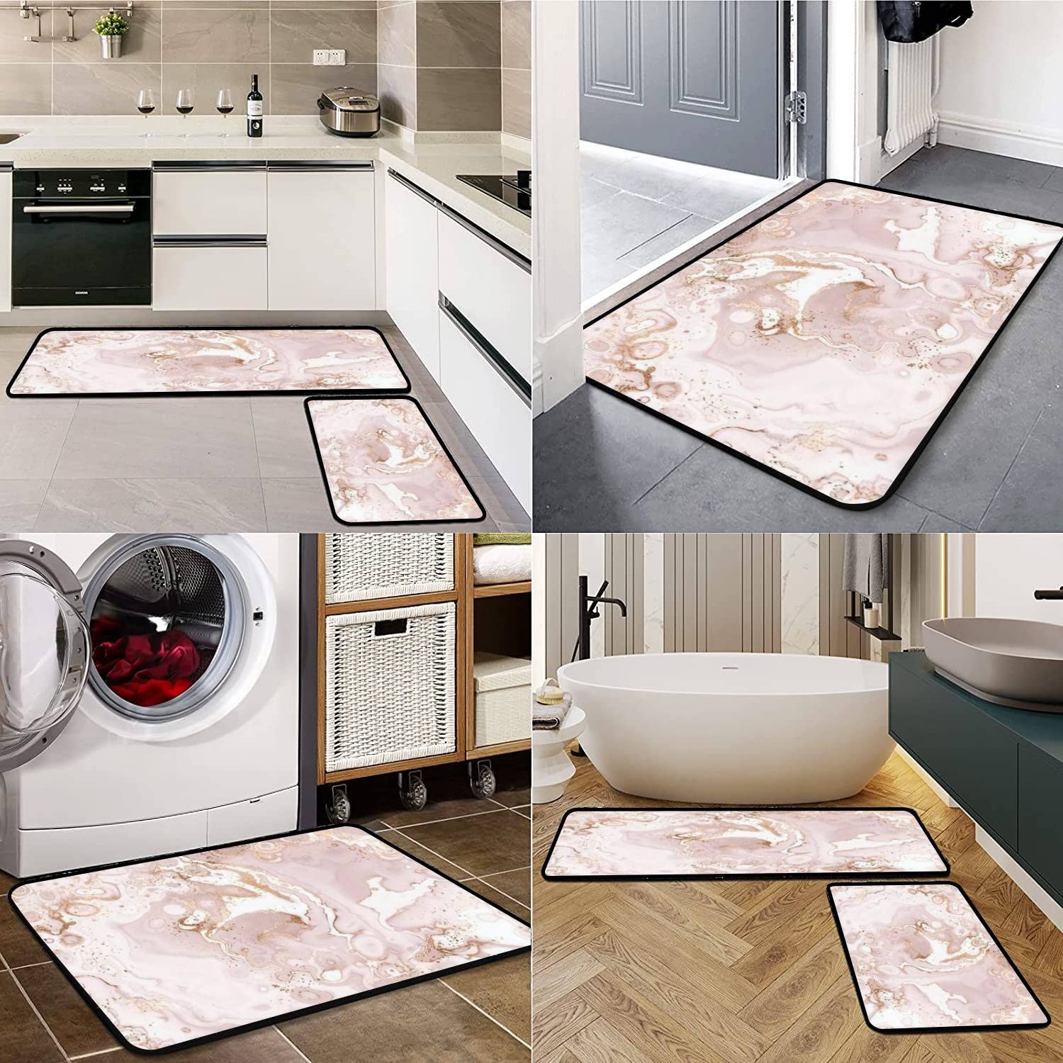 Luxury Non-Slip Kitchen Rugs Set - Marble Abstract Print with Gold Accents, Washable Floor Mat for Kitchen, Bathroom, Entryway - Anti-Fatigue Standing Comfort for Cooking & Home Decor