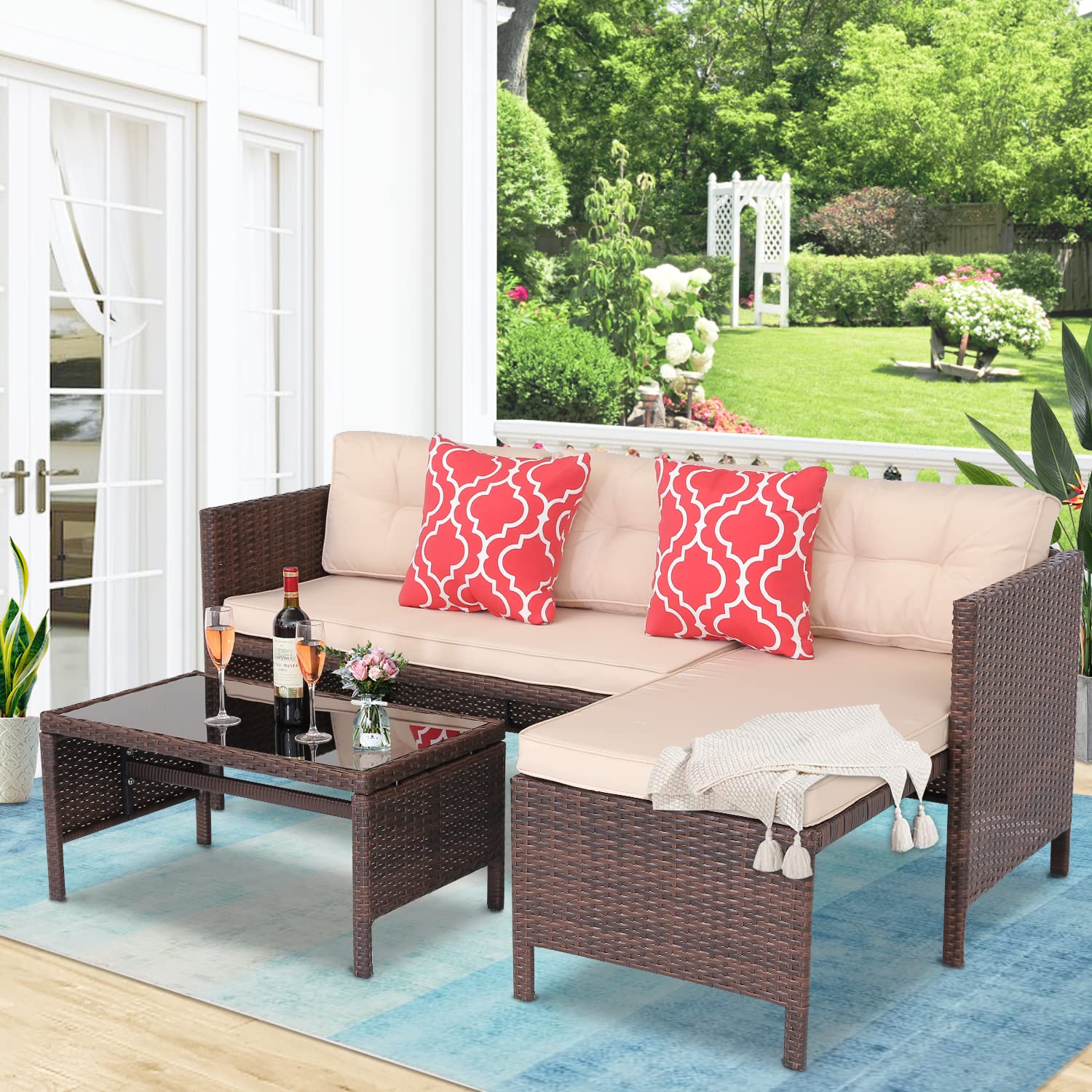 BPTD 3-Piece Rattan Patio Furniture Set - Outdoor/Indoor Sectional Sofa with Chaise Lounge & Cushions, Includes Black Tempered Glass Coffee Table - Perfect for Poolside, Porch, Garden, Backyard & Sunroom Relaxation (Brown)