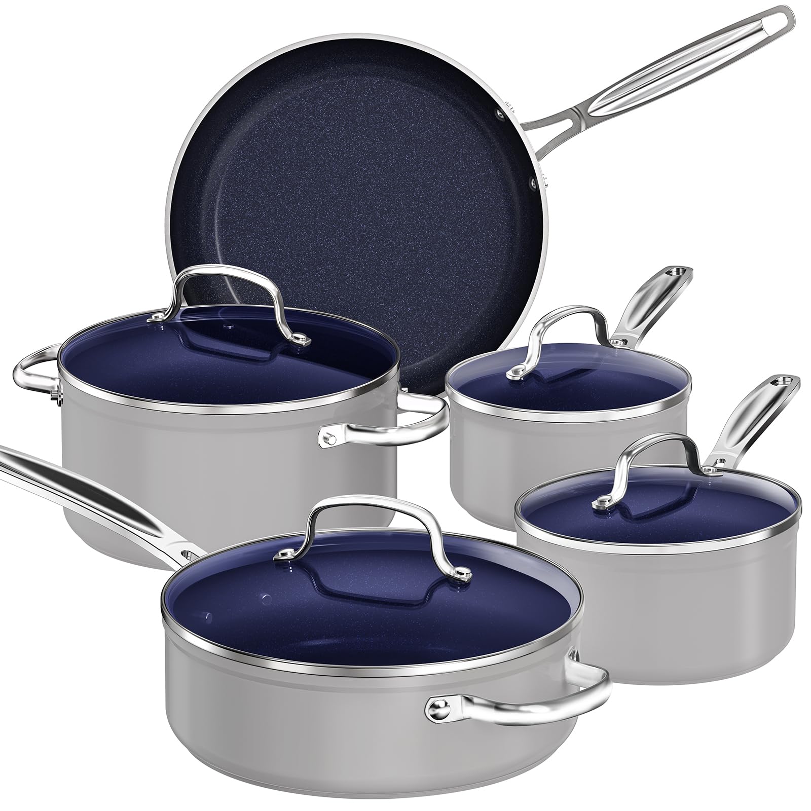 Nuwave 9-Piece Cookware Set - Blue Ceramic Nonstick Coating, Diamond-Infused Scratch Resistant, PFAS-Free, Oven & Induction Safe, Even Heat Distribution with Tempered Glass Lids & Stay-Cool Handles - Perfect for Healthy Cooking, Frying, Baking & Everyday Meal Prep