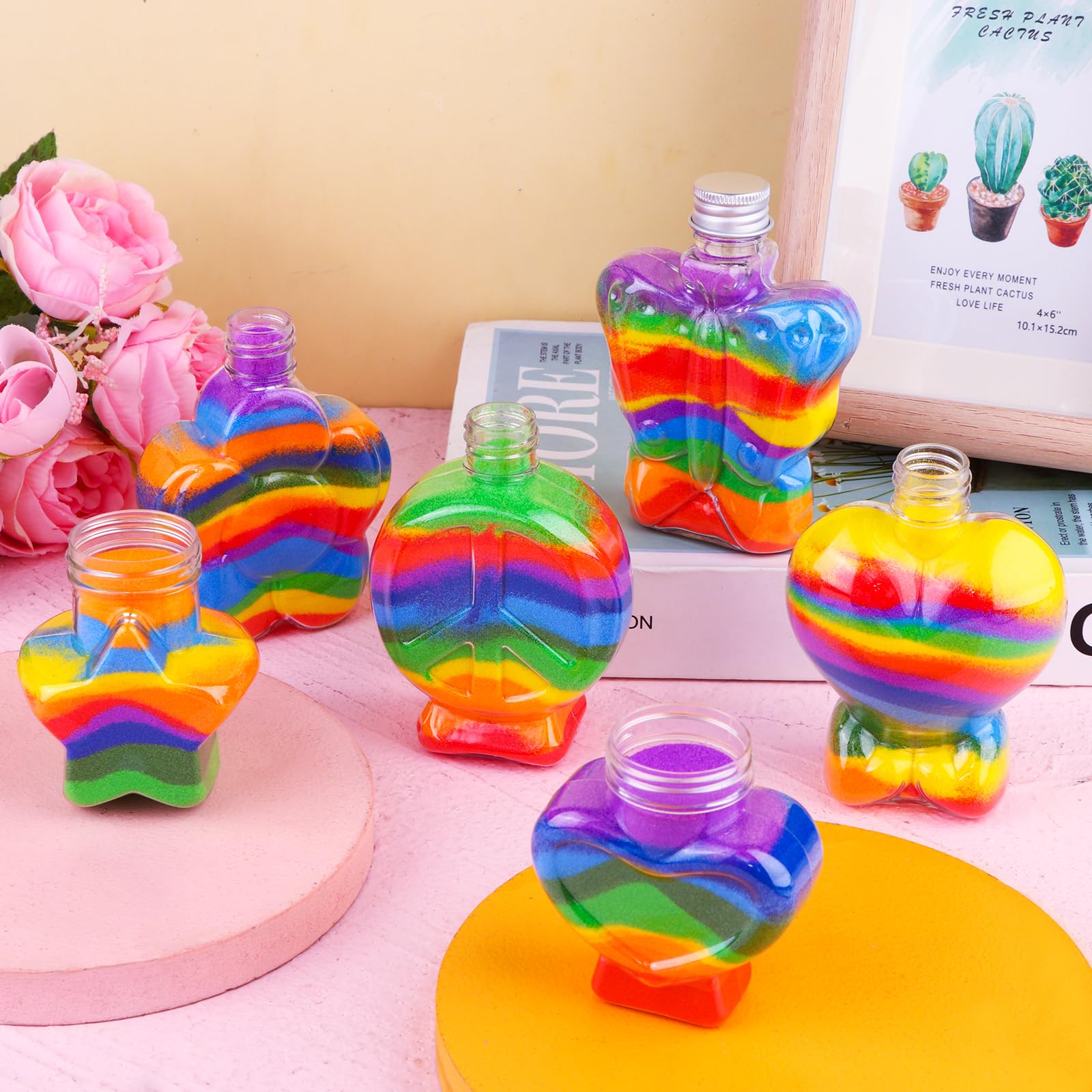 60Pcs Heart & Flower Shaped Plastic Bottles DIY Colored Sand Art Kit - Creative Kids Craft Activity for Birthday Parties, Classroom Projects & Sensory Play (6 Styles)