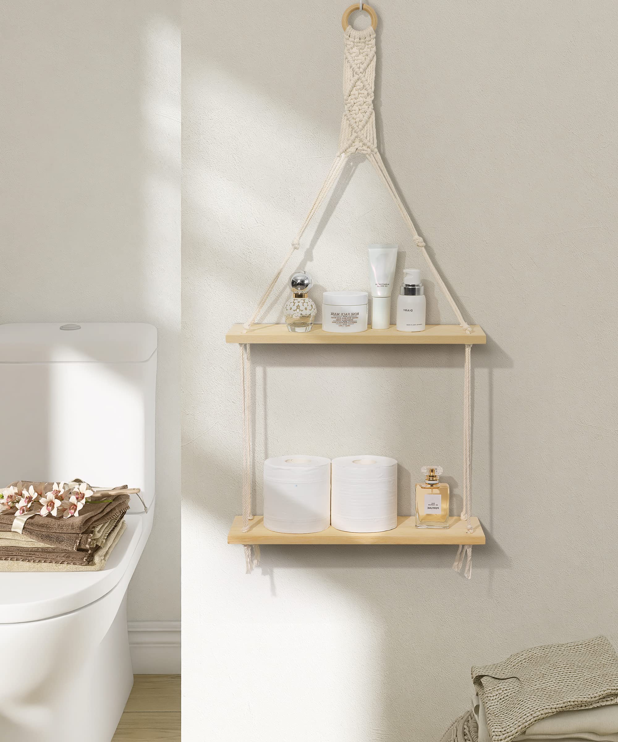 AFULY Macrame Wall Hanging Shelf - 2-Tier Boho Floating Shelf with Cotton Rope, Rustic Home Decor for Plants, Photos & Storage | Perfect for Living Room, Bedroom, Bathroom & Hallway | Beige | Space-Saving Organizer for Small Spaces