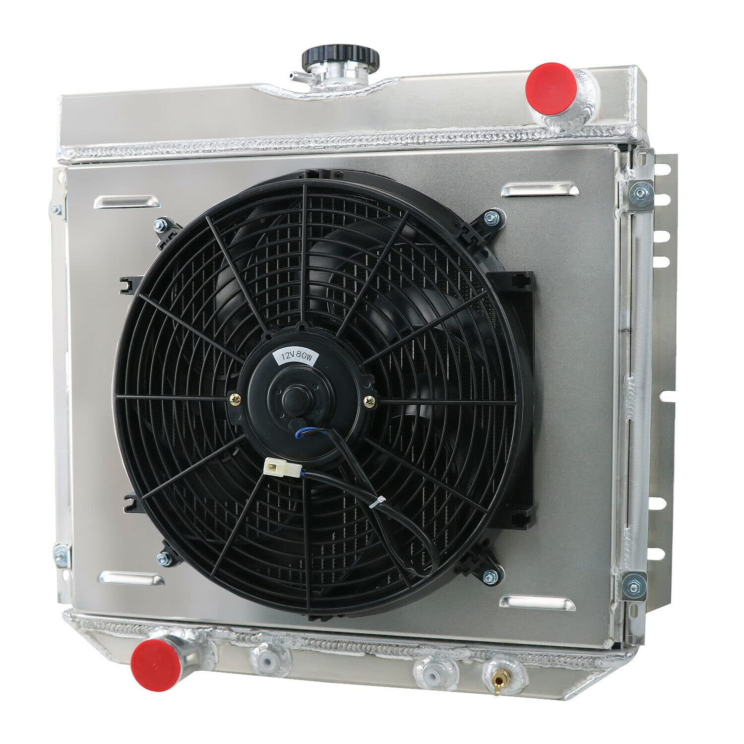 ALLOYWORKS 3 Row All Aluminum Radiator with Shroud Fan & Relay Kit - Compatible with 1969-1970 Ford Mustang, 1967-1977 Maverick (L6/V8 AT) - High Performance Cooling for Classic Car Restoration & Hot Rod Builds