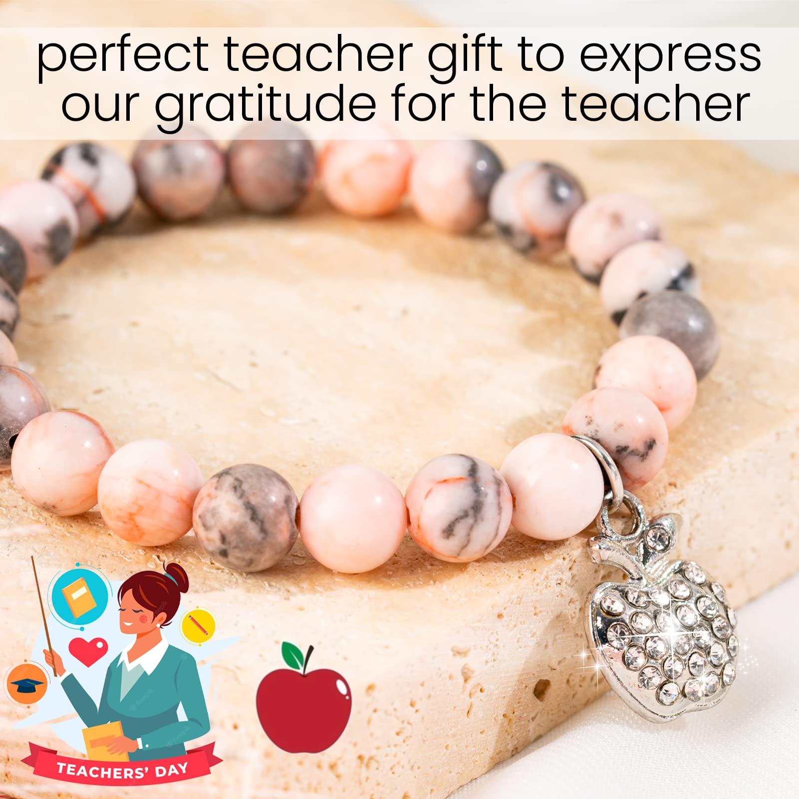 Natural Stone Teacher Appreciation Bracelet for Women - Thoughtful Thank You Gift with Message Card - Perfect for Teacher's Day, Retirement, Christmas & End of Year Gifts