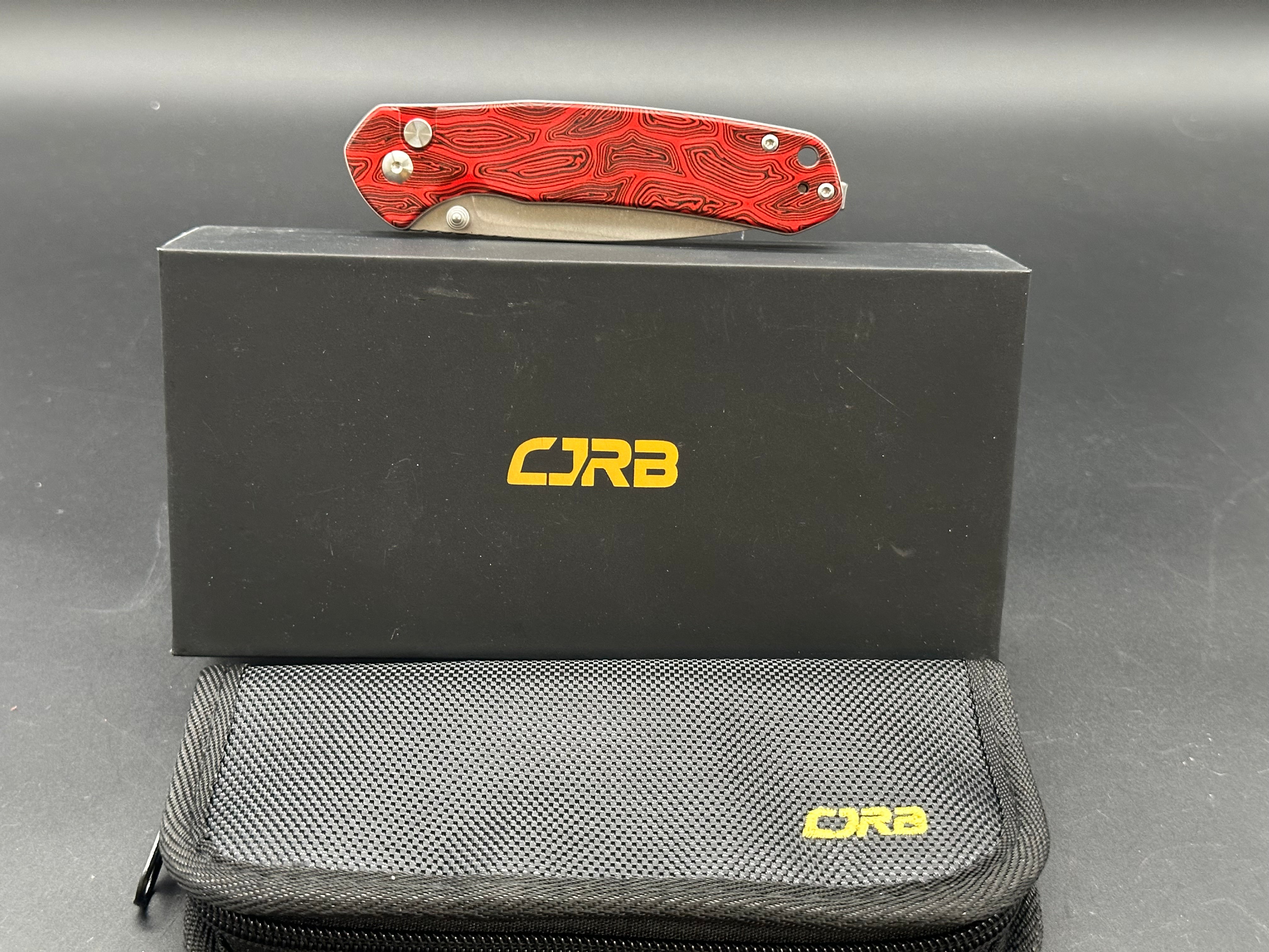 CJRB Pyrite Black & Red Damascus G10 Handle Folding Knife - AR RPM9 Steel Drop Point Plain Edge Stonewash Finish - EDC, Outdoor, Camping, Survival, and Everyday Carry