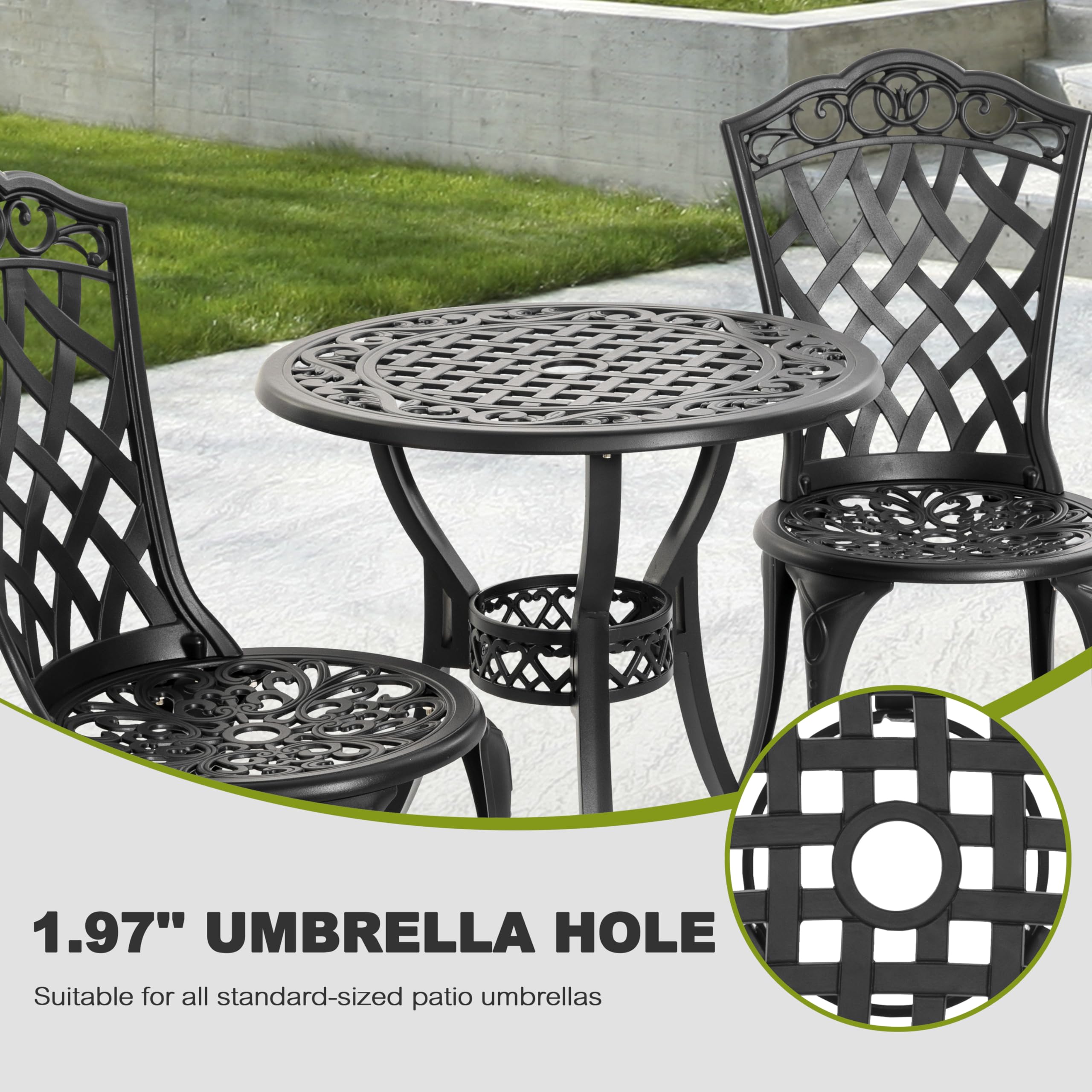 NUU GARDEN 3-Piece All-Weather Cast Aluminum Outdoor Bistro Set - Patio Table & 2 Chairs with Umbrella Hole - Perfect for Yard, Garden, Balcony, Deck or Poolside Dining (Black)