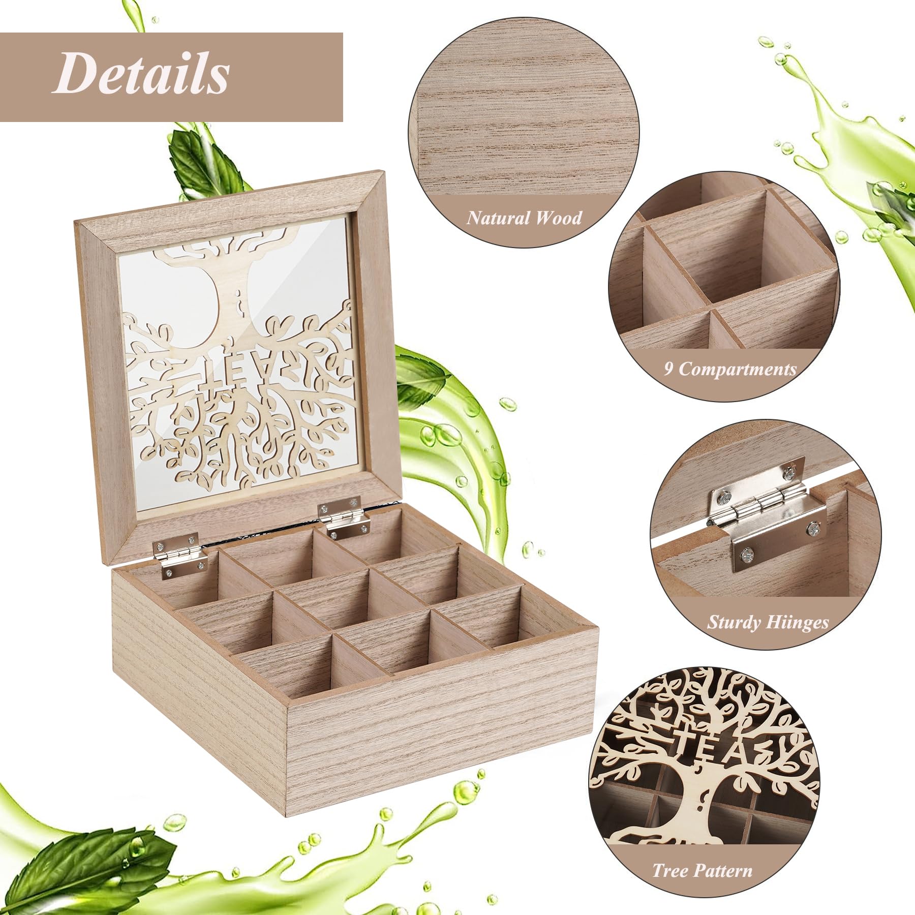 Premium Wooden Tea Box Organizer - Tea Bag Holder & Storage for Loose Leaf & Tea Bags | Perfect for Kitchen Countertop, Office Desk & Gift Giving