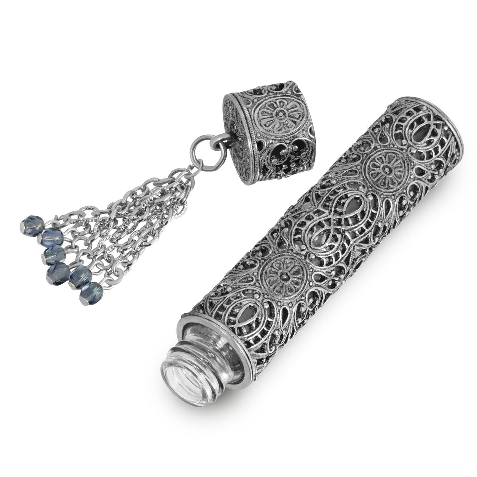 1928 Vintage Pewter Filigree Glass Vial with Screw Cap & Blue Beaded Tassel - Antique Jewelry Bottle for Perfume, Essential Oils, or Keepsakes - Perfect for Victorian Style Home Decor and Gift Giving