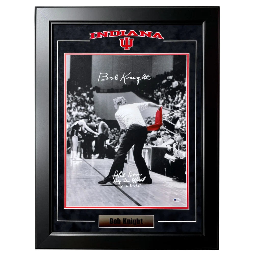 Bob Knight & Phil Bova Autographed Indiana Chair Throw 16x20 Framed Photo - BAS Certified Signed Memorabilia for Basketball Fans & Sports Collectors - Perfect for Man Cave, Sports Bar Decor or Gift for Hoops Enthusiasts