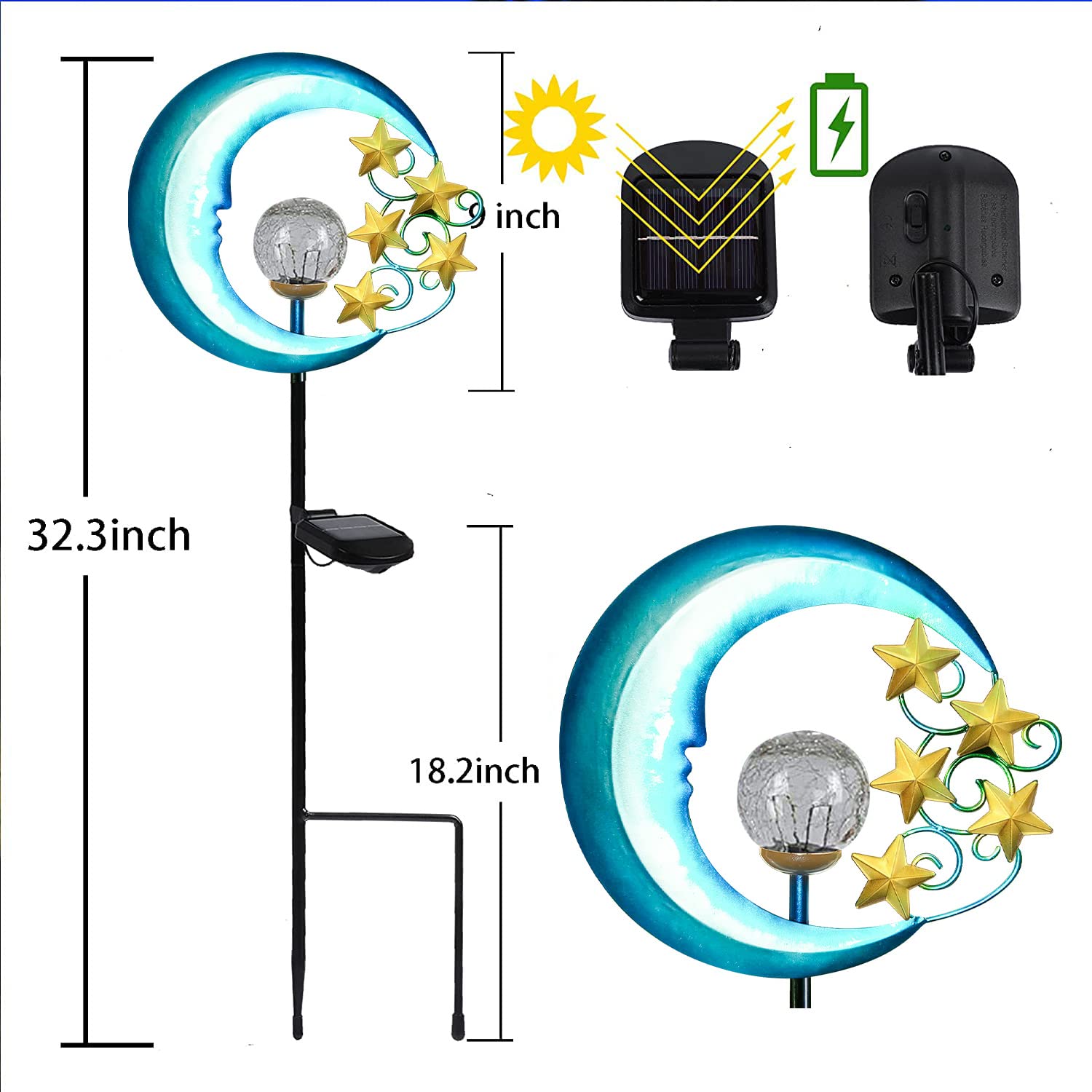 Solar Powered Outdoor Garden Lights - Waterproof Crackle Glass Globe LED Landscape Lighting for Pathway, Yard, Lawn, Patio | Decorative Moon & Stars Design for Garden, Walkway, Driveway, Backyard Lighting