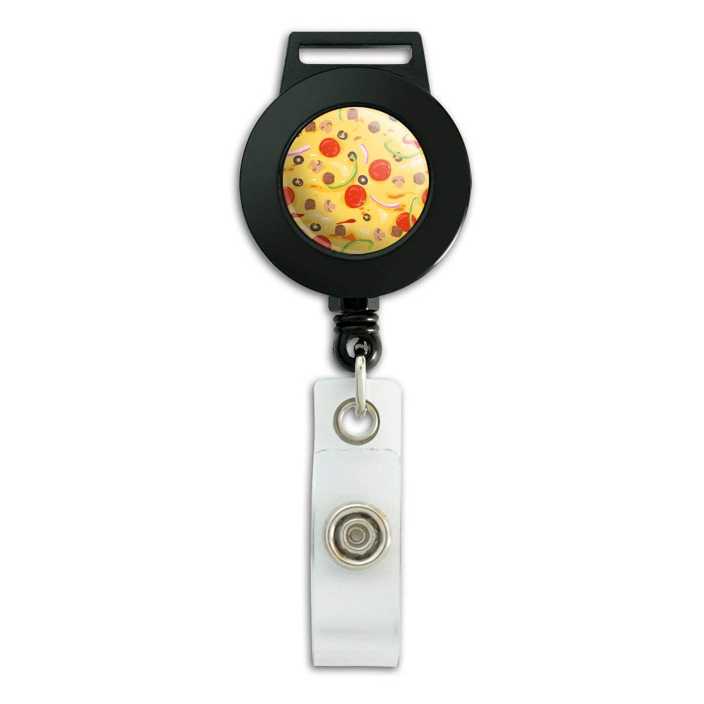 Retractable Badge Reel with Pizza Design - Pepperoni, Olives & Onions Pattern ID Card Holder for Nurses, Teachers & Office Workers