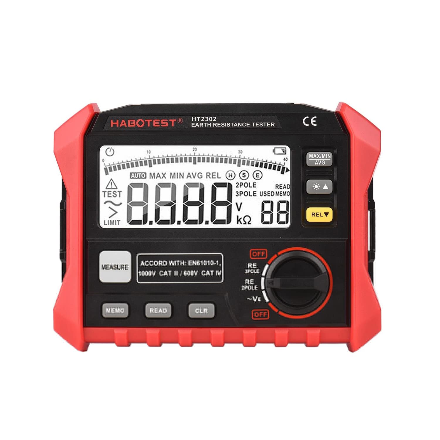 HT2302 Digital Earth Resistance Tester - 0Ω to 4KΩ Range, 100 Data Groups Storage, LCD Backlight Display with Carrying Case - Ideal for Electrical Maintenance, Grounding System Testing & Industrial Safety Inspections