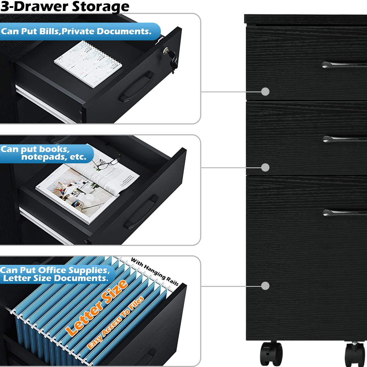 Panana 3-Drawer Wooden Rolling File Cabinet - Compact Under Desk Storage Organizer for Home Office, Black | Perfect for Document Storage & Workspace Organization