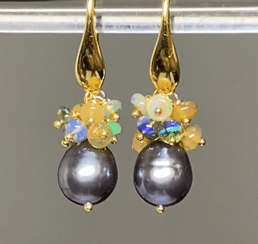 Elegant Baroque Pearl & Opal Cluster Gold Earrings for Women | Black & Grey Vintage Style Jewelry | Perfect for Weddings, Parties & Special Occasions