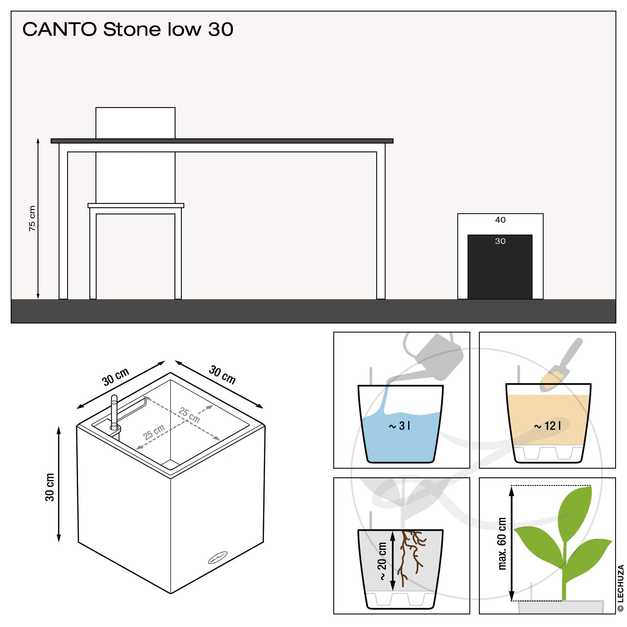 Lechuza 13702 Canto 30 Square Self-Watering Planter - Graphite Black Indoor/Outdoor Garden Pot for Plants, Flowers & Herbs - Perfect for Patio, Balcony & Home Decor