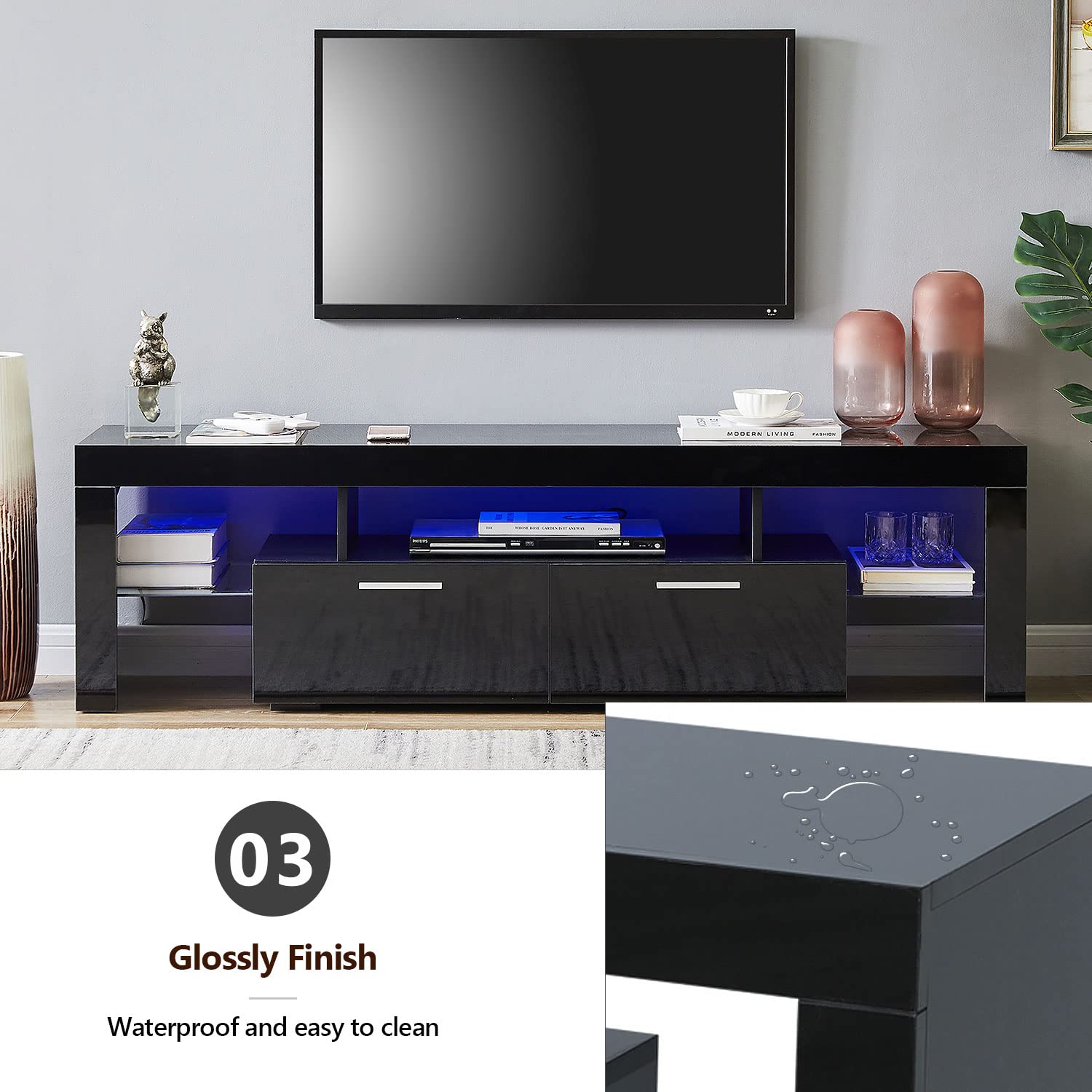 Upgrade LED TV Stand for 65 Inch TVs - 20 Minute Quick Assembly Black Entertainment Center with Storage Cabinet & LED Lights - High Gloss Media Console Table for Living Room - Perfect for Movie Nights & Gaming Setup