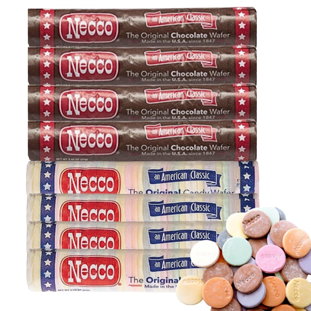 Necco Wafers Candy 8-Pack Bulk (4 Assorted Flavor Rolls + 4 Chocolate Rolls) - Perfect for Halloween Treats, Party Favors & Office Snacks
