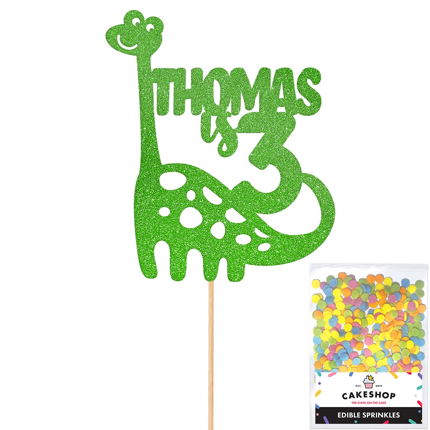 Custom Dinosaur Cake Topper - Personalized Birthday Glitter Cake Decoration for 1st to 18th Birthday Parties | Any Name & Age | Green Sparkle Design | Perfect for Kids Birthday Cakes, Dinosaur Themed Parties & Special Celebrations
