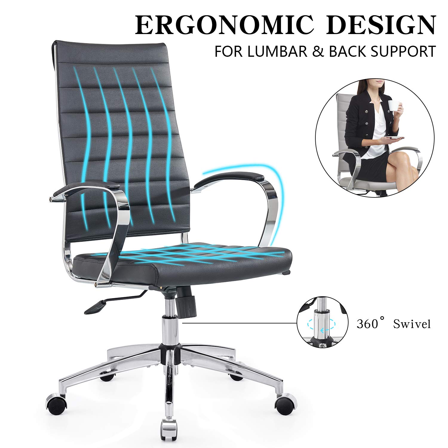 Ergonomic High Back Leather Office Chair - Adjustable Computer Desk Chair for Home & Work, Black (4020-Black) - Perfect for Long Hours of Work, Gaming & Study