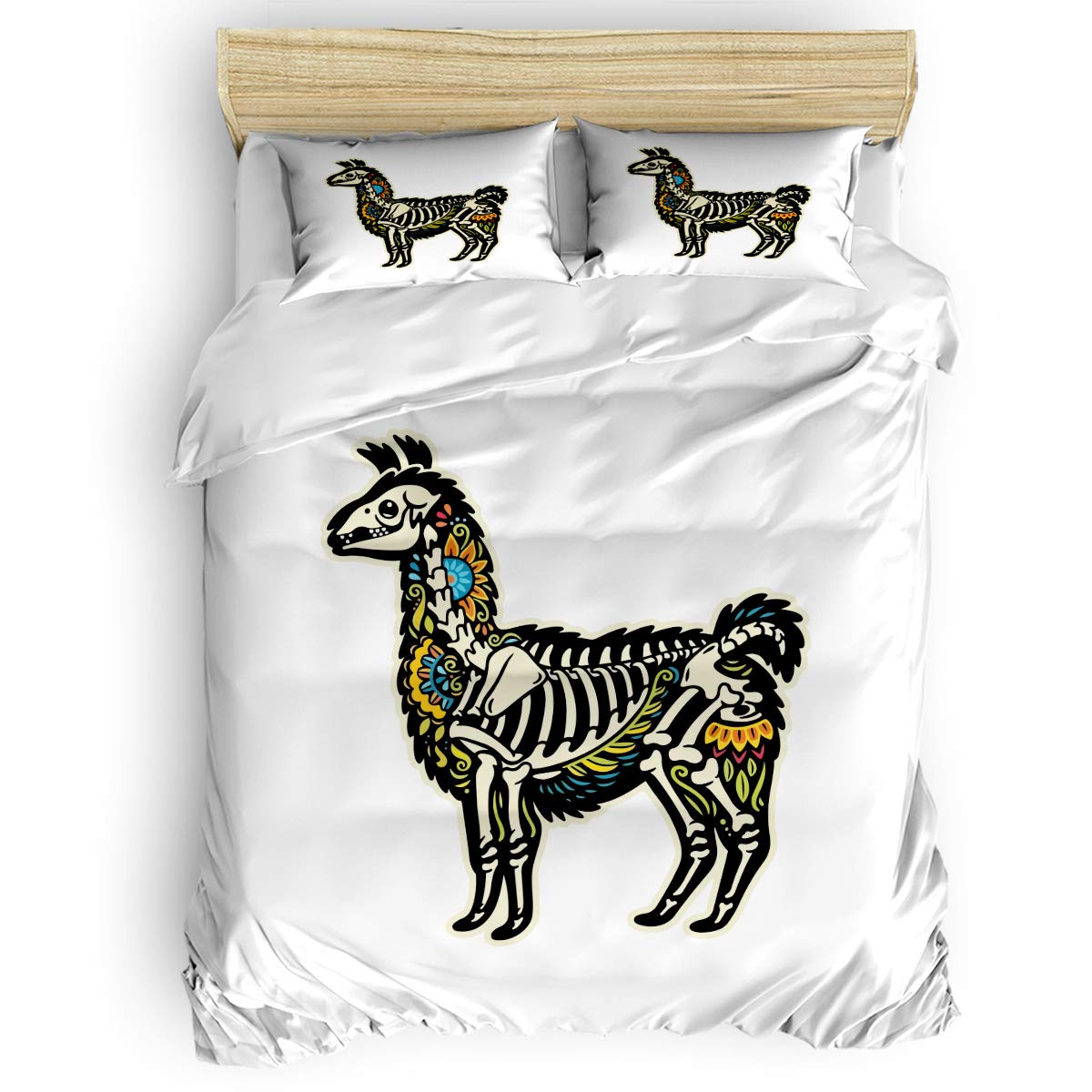 Queen Duvet Cover Set 4-Piece Bedding Set - Colorful Skeleton Alpaca Animal Print Comforter Cover with 1 Duvet Cover, 1 Flat Sheet & 2 Pillowcases | Soft Microfiber Bed Sheets for Cozy Home Decor & Guest Room Styling
