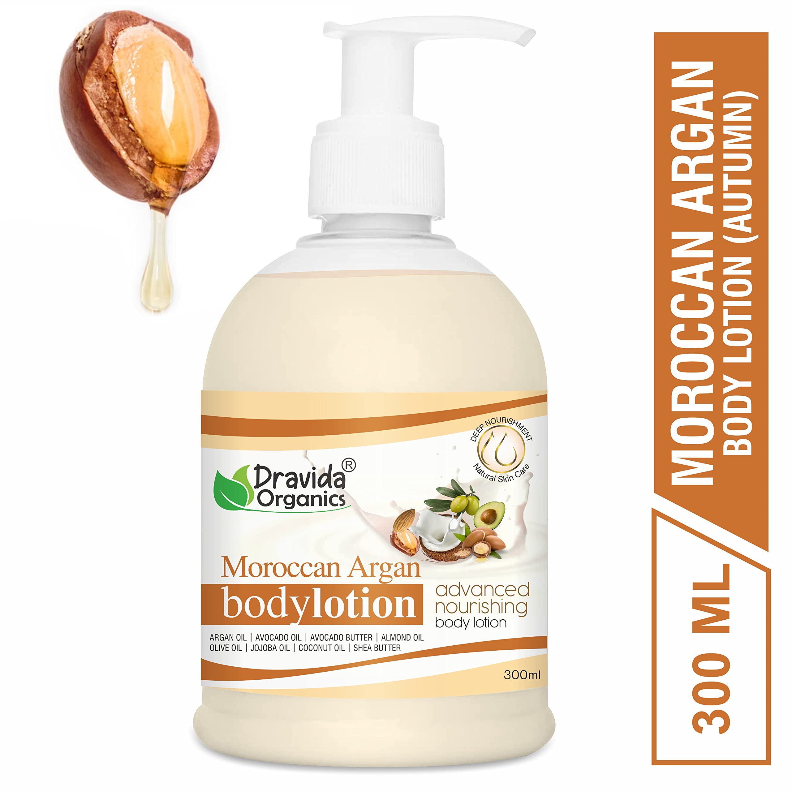 Dravida Organics Moisturizing Body Lotion with Argan Oil & Avocado Oil - 300ml for Dry, Sensitive & All Skin Types | Hydrating & Nourishing Skin Care for Daily Use & After Shower