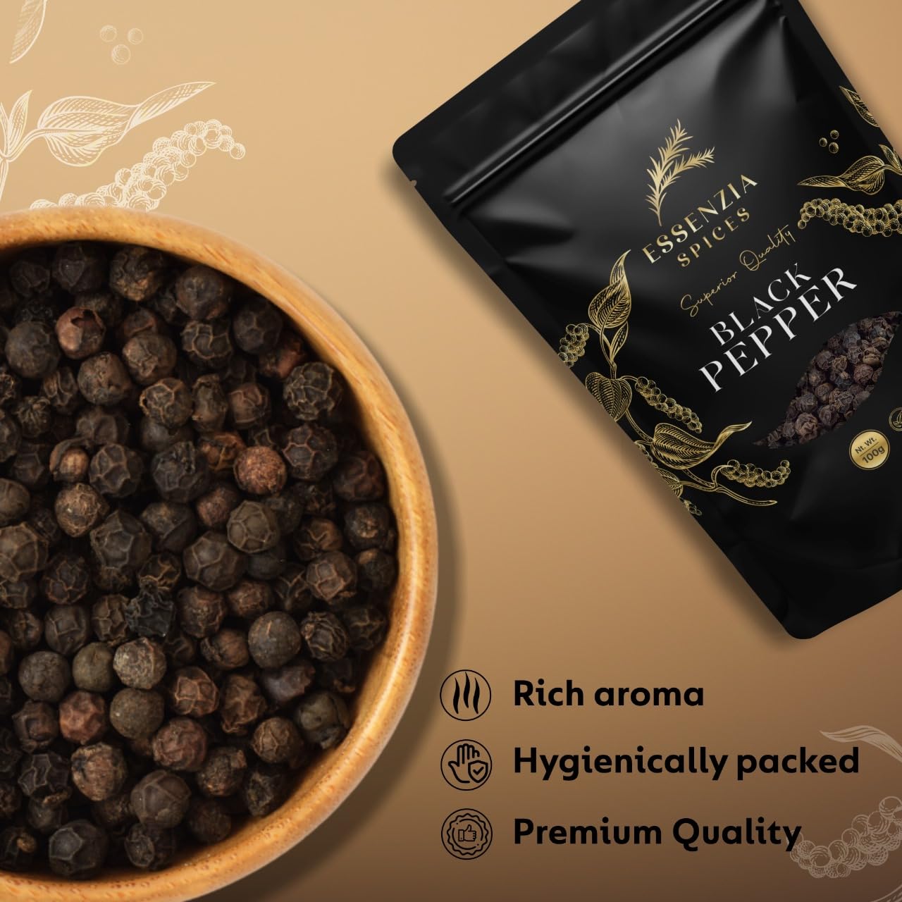 ESSENZIA SPICES Premium Tellicherry Black Pepper - World's No.1 Grade TGSEB (Extra Bold & Large) | 100% Organic, Fresh Hand-Picked Peppercorns | 100g | Perfect for Gourmet Cooking, Steak Seasoning & Homemade Spice Blends