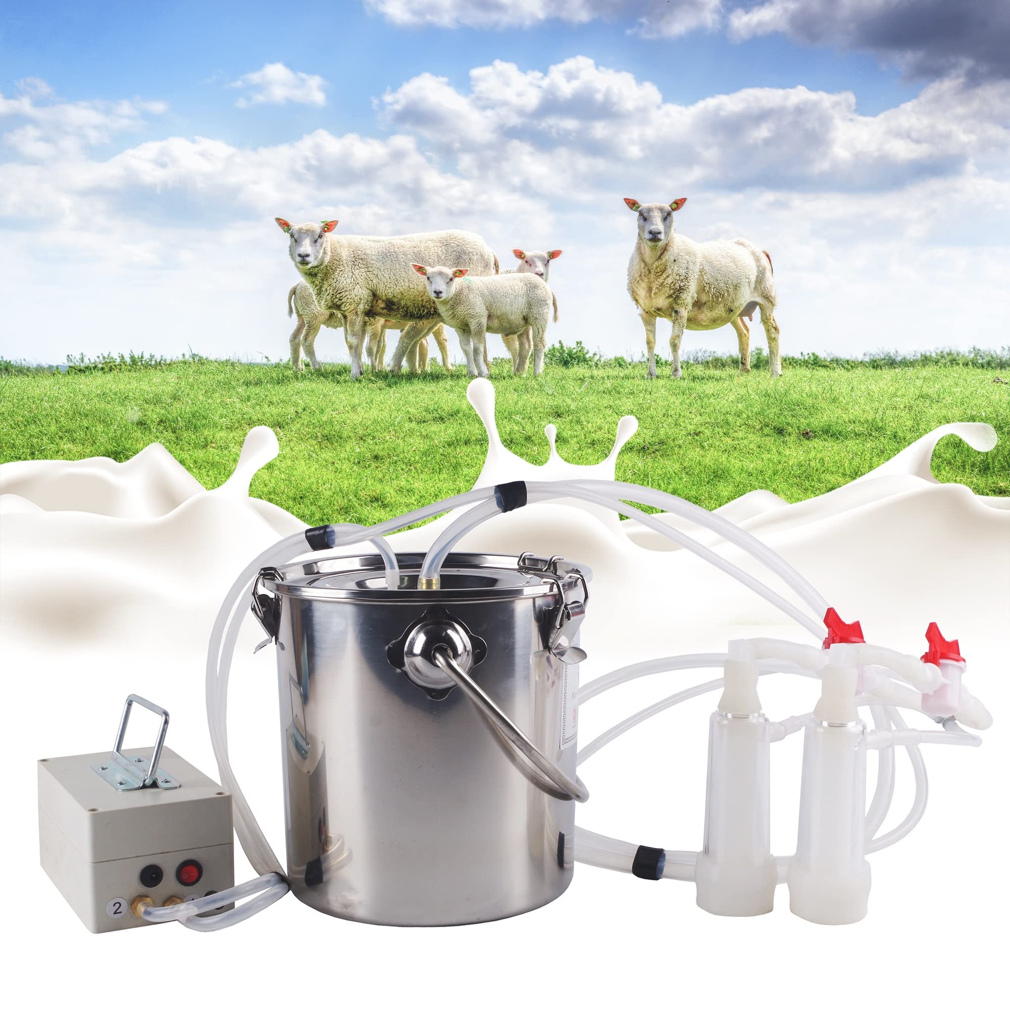 Portable Electric Milking Machine Kit for Cows & Goats - 100-240V Automatic Vacuum Pulse Milker with Stainless Steel Barrel (5L) - Ideal for Small Farms & Homestead Use