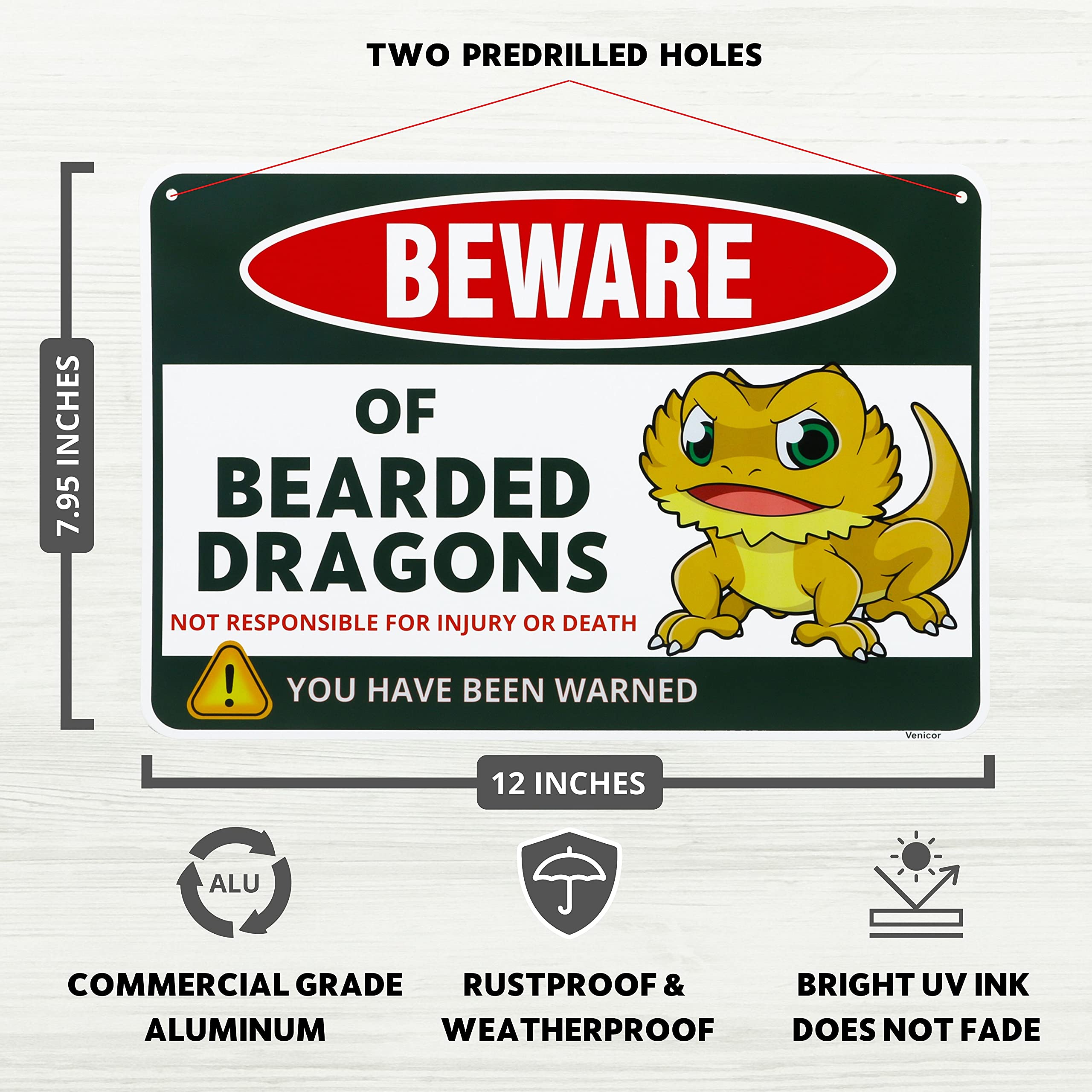 Venicor Bearded Dragon Decor Sign - 8x12 Inch Aluminum Reptile Tank Accessory - Cage Decor for Bearded Dragon Enclosure - Perfect Gift for Reptile Lovers (Use in Terrariums, Vivariums & Reptile Habitats)