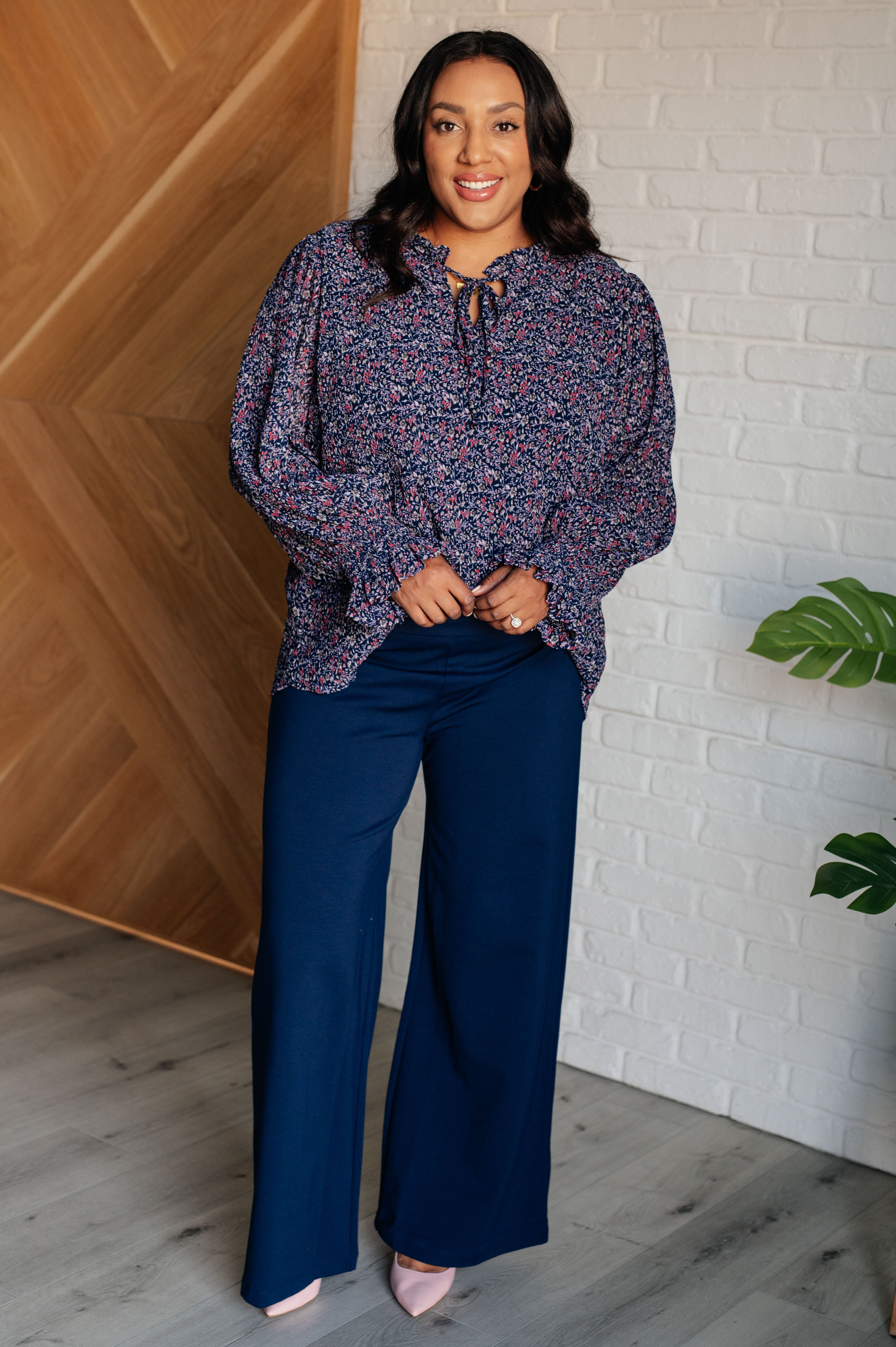 Women's Stretchy High Waist Wide Leg Pants - Navy Blue Comfortable Lounge & Work Pants for Casual Outfits & Office Wear