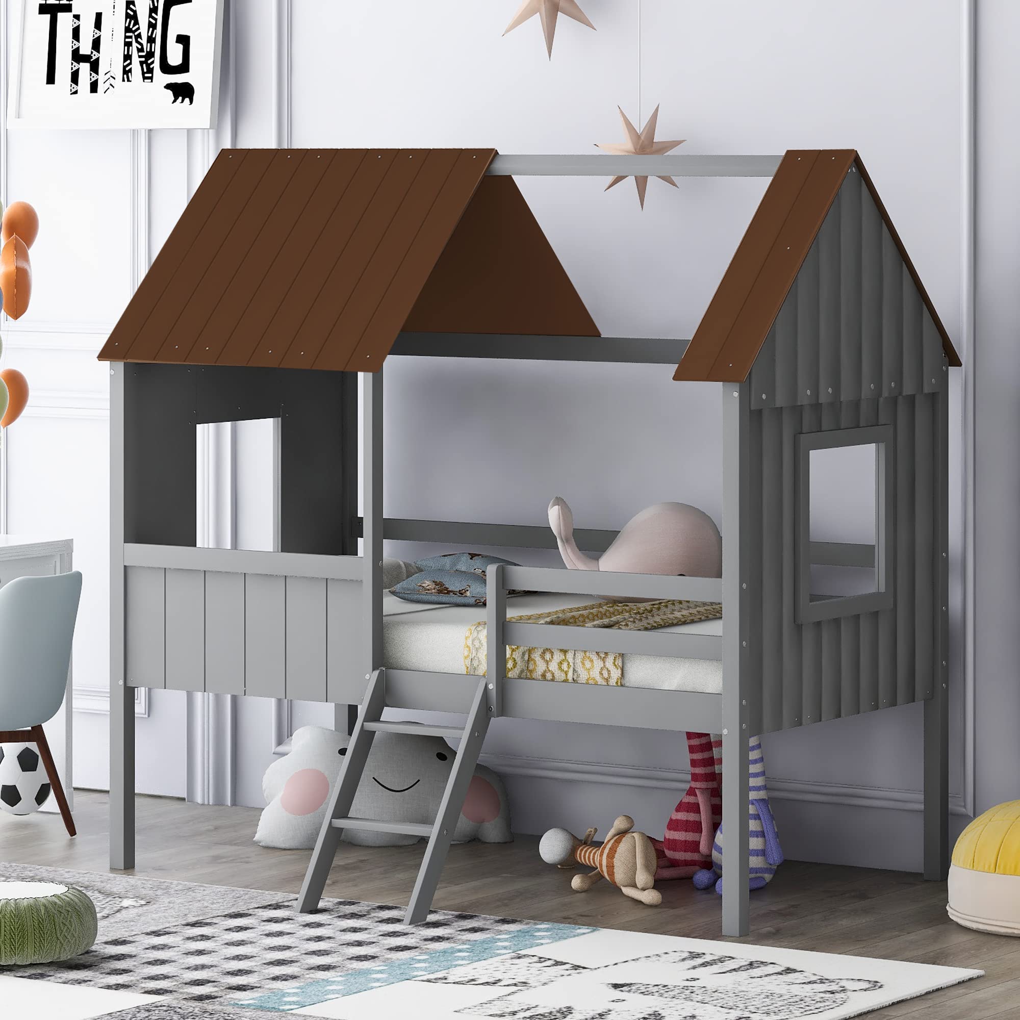 Twin Size Low Loft Bed for Kids - Wooden House Bed Frame with Side Windows, Roof & Safety Rails - Antique Gray - Perfect for Small Rooms & Play Areas